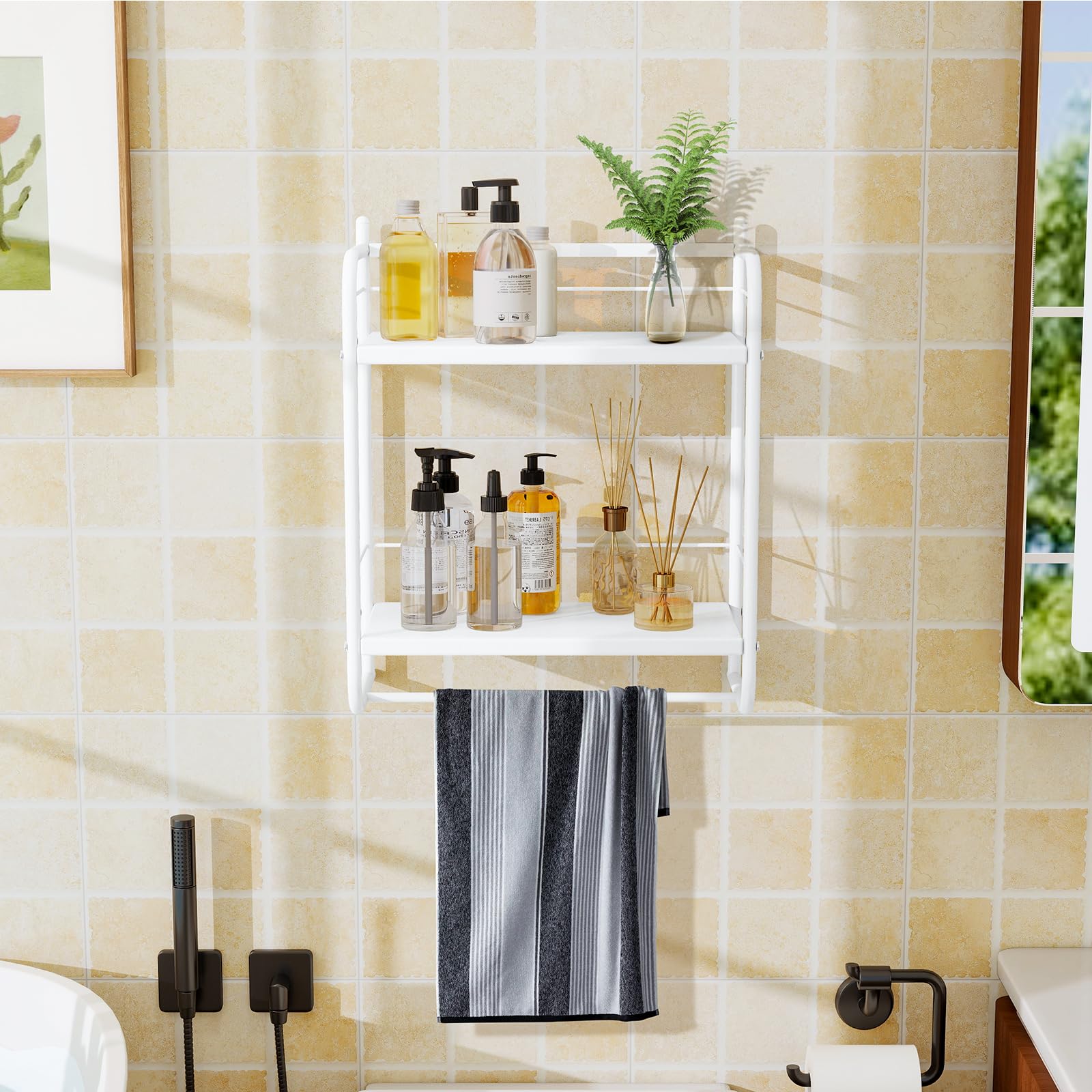HDANI Estantería de Pared de Metal de 2 Niveles,con 2 estantes Ajustables,Estante de Ducha para baño,Dormitorio,salón,Cocina, Oficina en casa,lavadero,41×21,5×49,5cm,Blanco