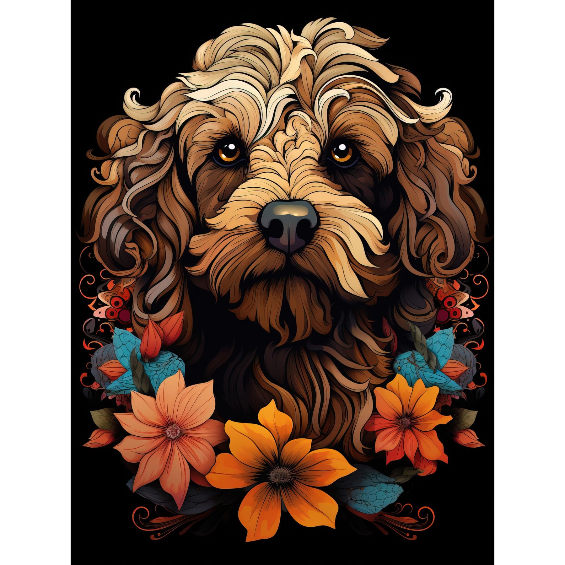Artery8 Cockapoo Dog with Flowers Artwork Orange Brown Blue Floral Art Nouveau Portrait on Black Large Wall Art Poster Print Thick Paper 18X24 Inch