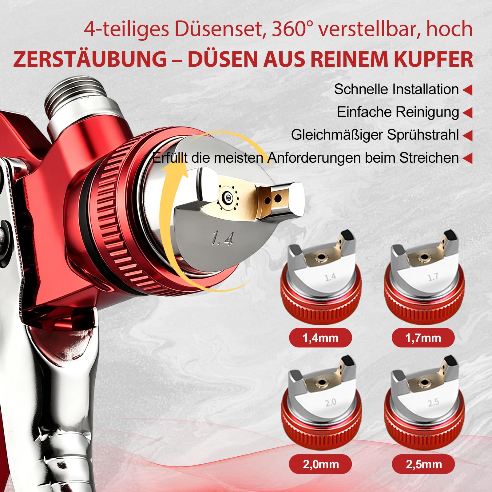 HVLP Spritzpistole mit 4 Düsen-Kits 1,4/1,7/2,0/2,5mm, Lackierpistolen Auto mit 10 x 650ml Einweg-Farbbechern, Schwerkraftzufuhr-Farbspritzpistole zum Lackieren von Autos, Möbeln (Rot)