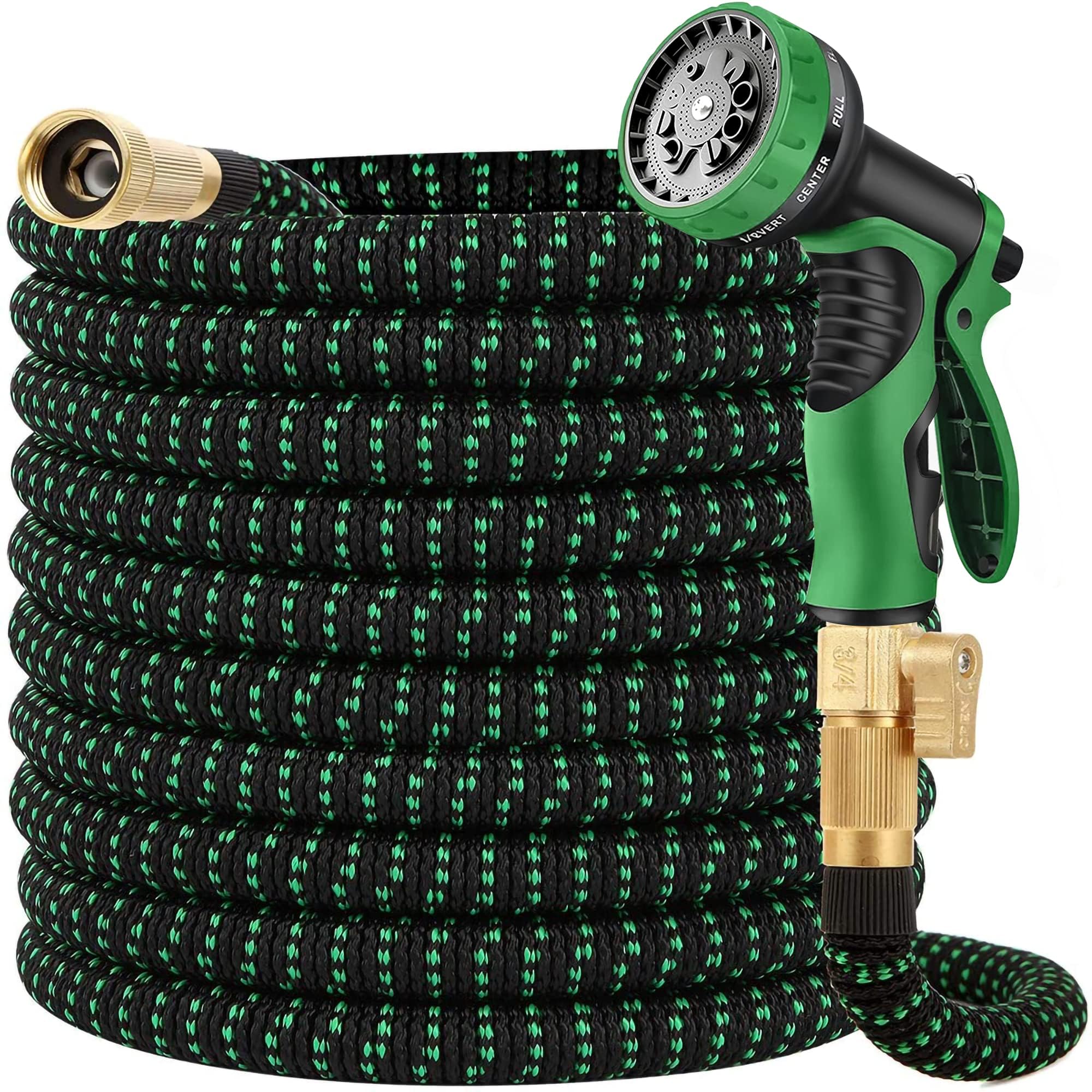 50 ft Expandable Garden Hose - All New 2024 Retractable Water Hoses with 3/4" Solid Brass Fittings, Extra Strength Fabric - Flexible Expanding Hose with 10 Pattern Spray Nozzles