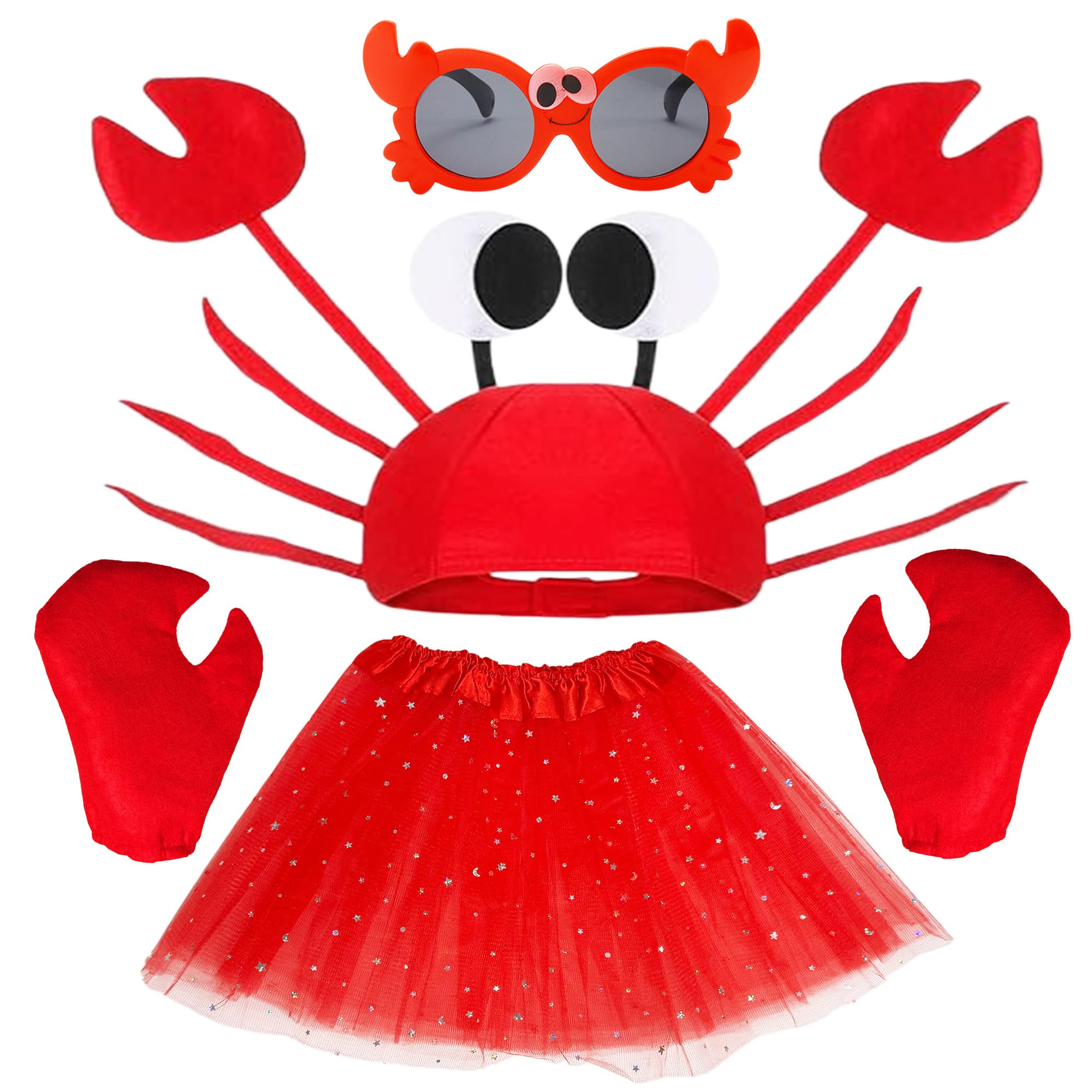 YYwwLX 4 Pcs Crab Costume Accessories Sets, Red Crab Lobster Hat Costume with Tutu Dress Claws Gloves Crab Glasses for Kids, Adjustable Crab Hat for Boys Girls Halloween Christmas Cosplay Party
