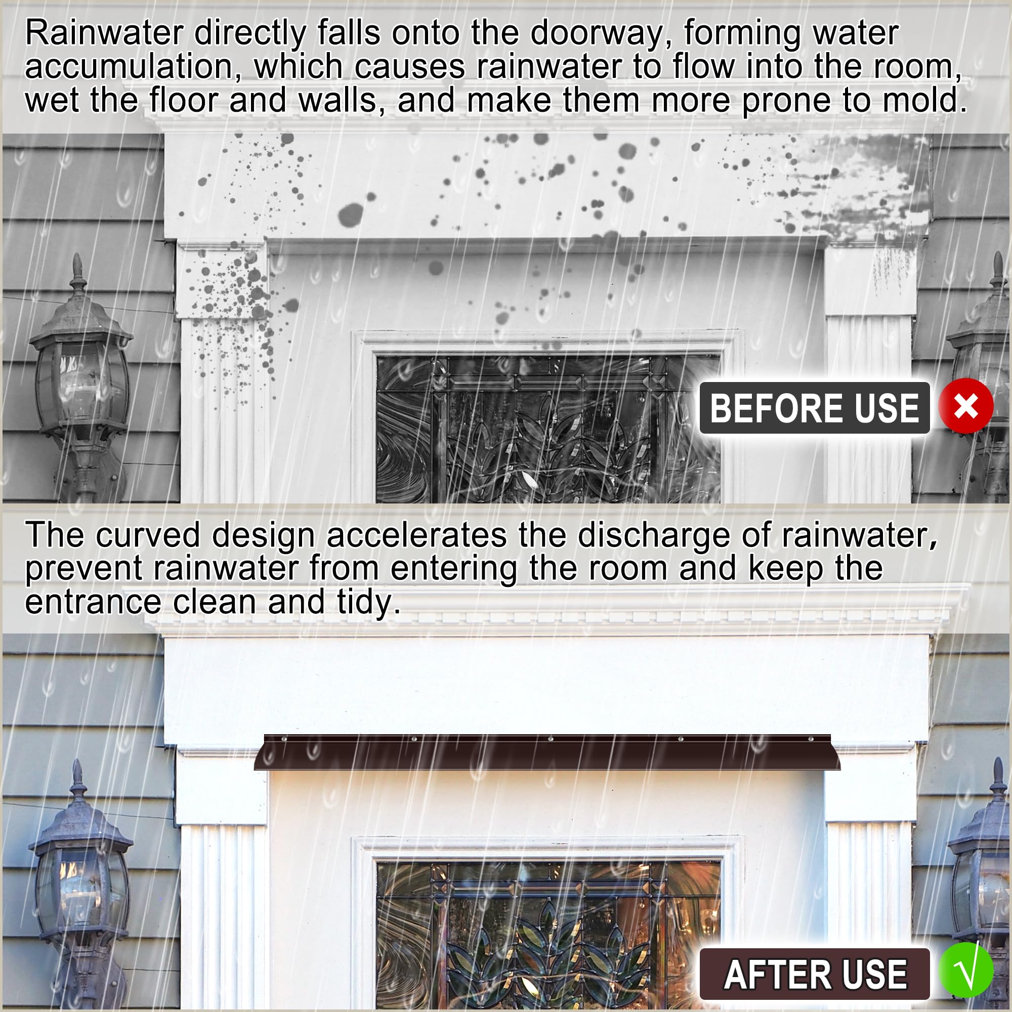 Deflector de lluvia de aluminio anodizado marrón para puerta y ventana, fácil de instalar, desviador de lluvia sobre puerta, 2 piezas de 40 pulgadas