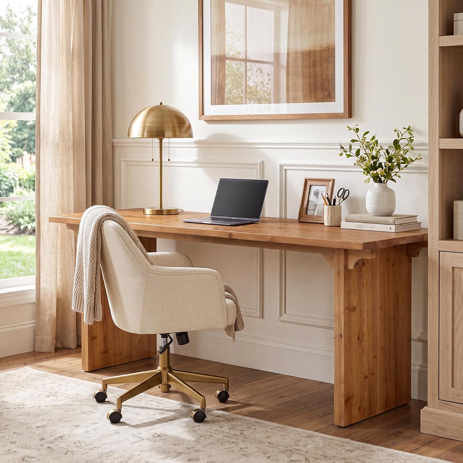 70.87'' Long Solid Wood Desk, Farmhouse Executive Computer Desk | Large Home Office Desk, Rectangular Study Writing Table, Workstation with Stable Slab Base, Brown