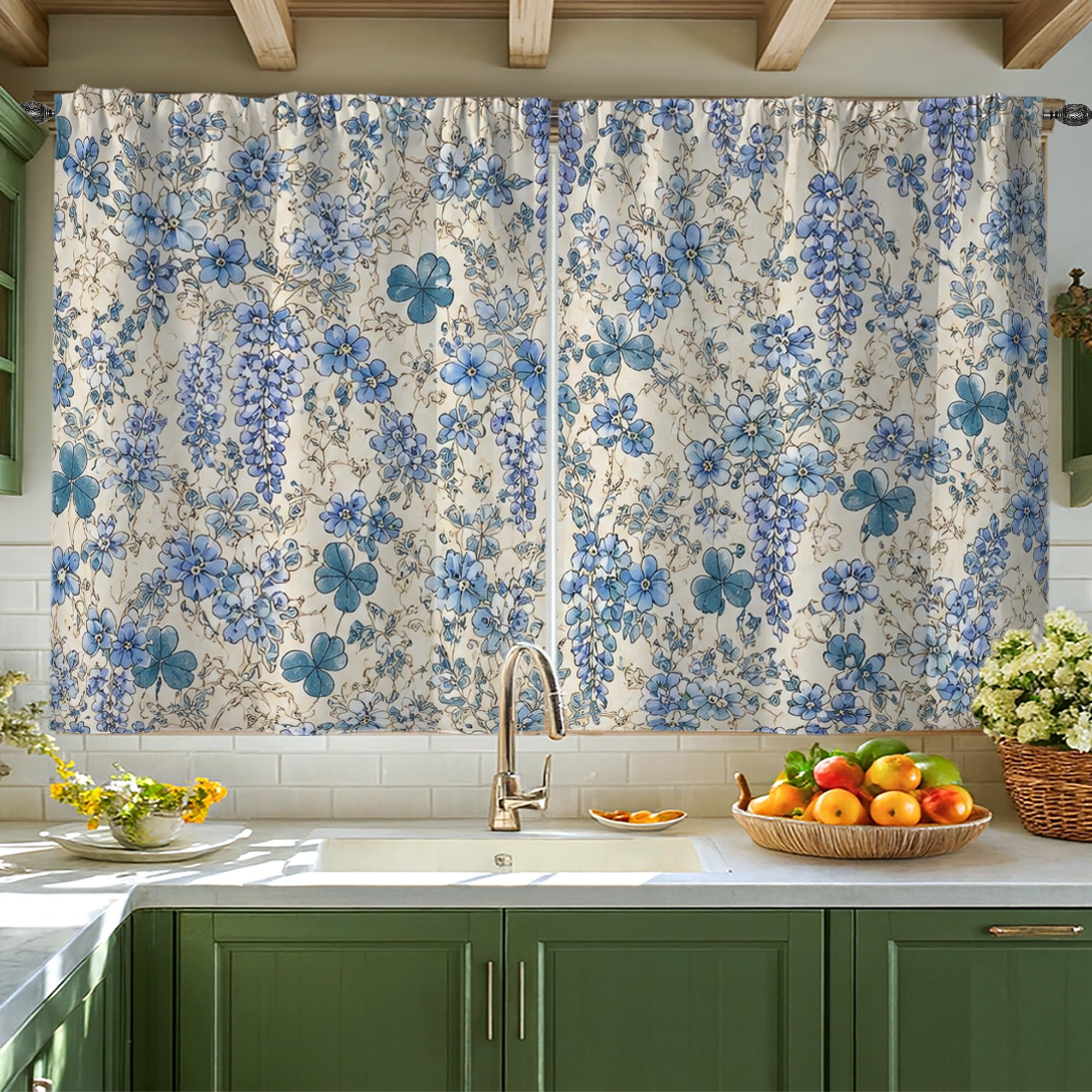 Rideaux de cuisine tamisants contre la lumière bleue motif fleurs de vigne 106x114 cm