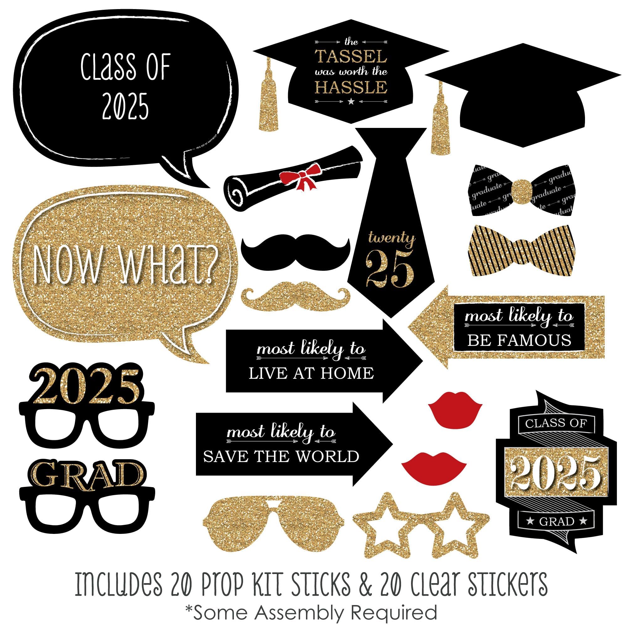 Big Dot of Happiness Fiesta de graduación - Oro - Kit de accesorios para cabina de fotos de graduación 2024 - 20 unidades
