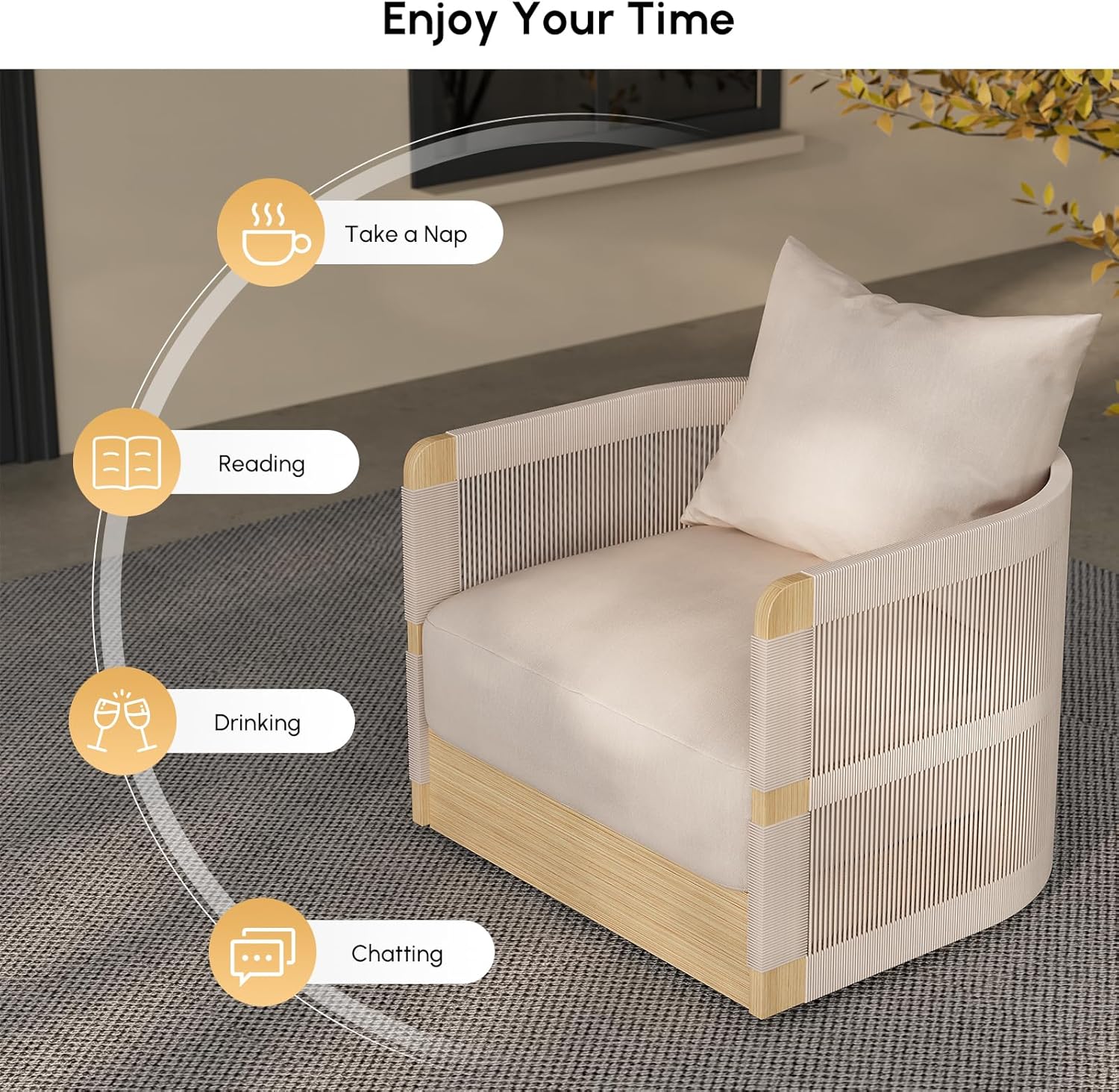 homary Outdoor Hand-Woven Rope 360 Degree Swivel Patio Lounge Chair with Rainproof Cushion and Aluminum Frame for Garden, Balcony, Indoor, Khaki