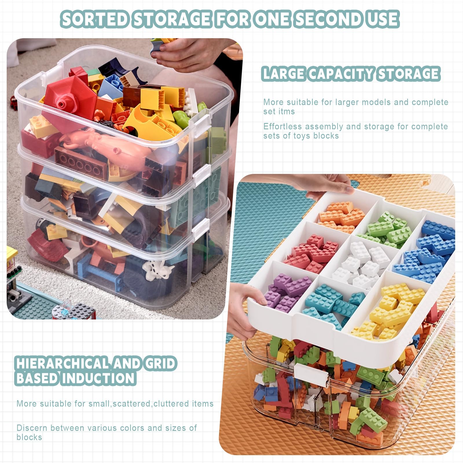Scatola Portaoggetti a Due Livelli per Mattoncini Lego Impilabili, Con Coperchio, in Plastica, per Piccole Parti Trasparenti (Solo Scatola)