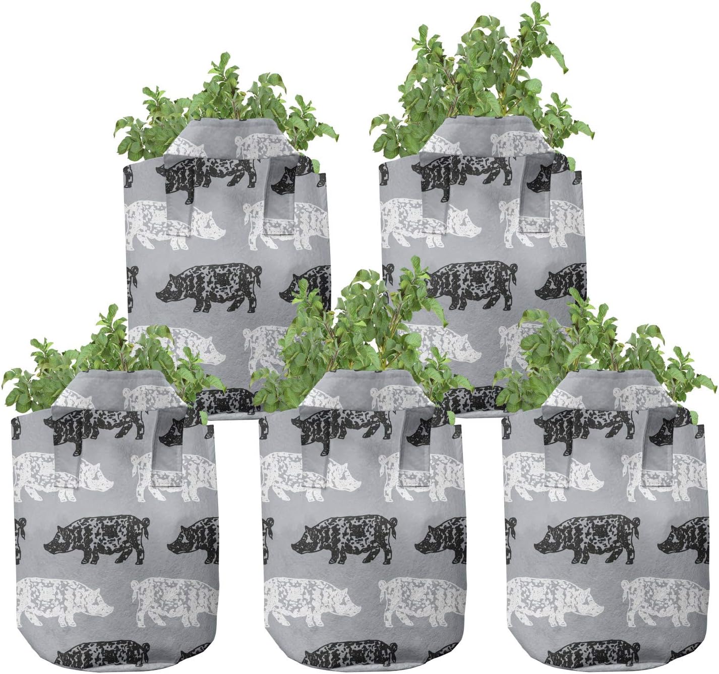 Lunarable Pig Grow Bags 5-Pack, Spotted Wild Animal Silhouettes, Heavyduty Fabric Pots with Handles for Plants, 7 Gallon, Grey and White