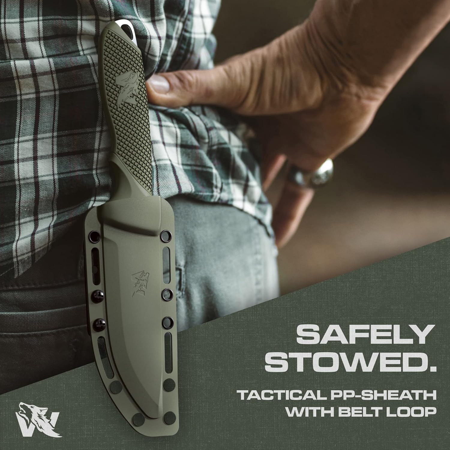 ODENWOLF W-FLAT Full Tang Survival Knife with Sheath - Stylish Tactical Fixed Blade - Made of D2 Steel - Bushcraft and Camping Knife Survival - Perfect EDC Hunting Knife with TPE Handle