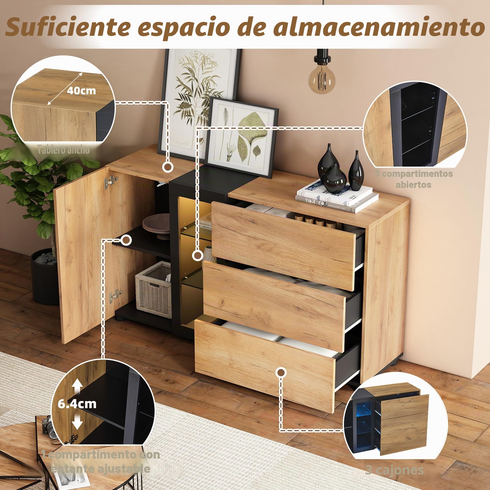 Merax Aparador con vitrina LED, moderno, con 1 puerta, 3 cajones, estantes de cristal, armario de salón, armario de pie, mueble de TV, armario de cocina para salón, comedor, marrón y negro