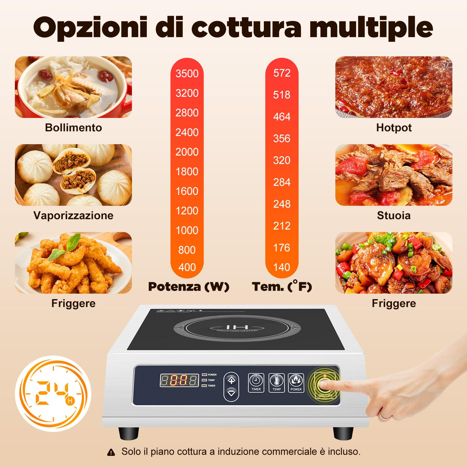Piastra di cottura a induzione, 3500 W, 35 cm, fornello elettrico a induzione, 75 kg, grande piano cottura a induzione, 1 piastra per diametro 12 – Ø 30 cm, in acciaio inox piatto magnetico, smaltato