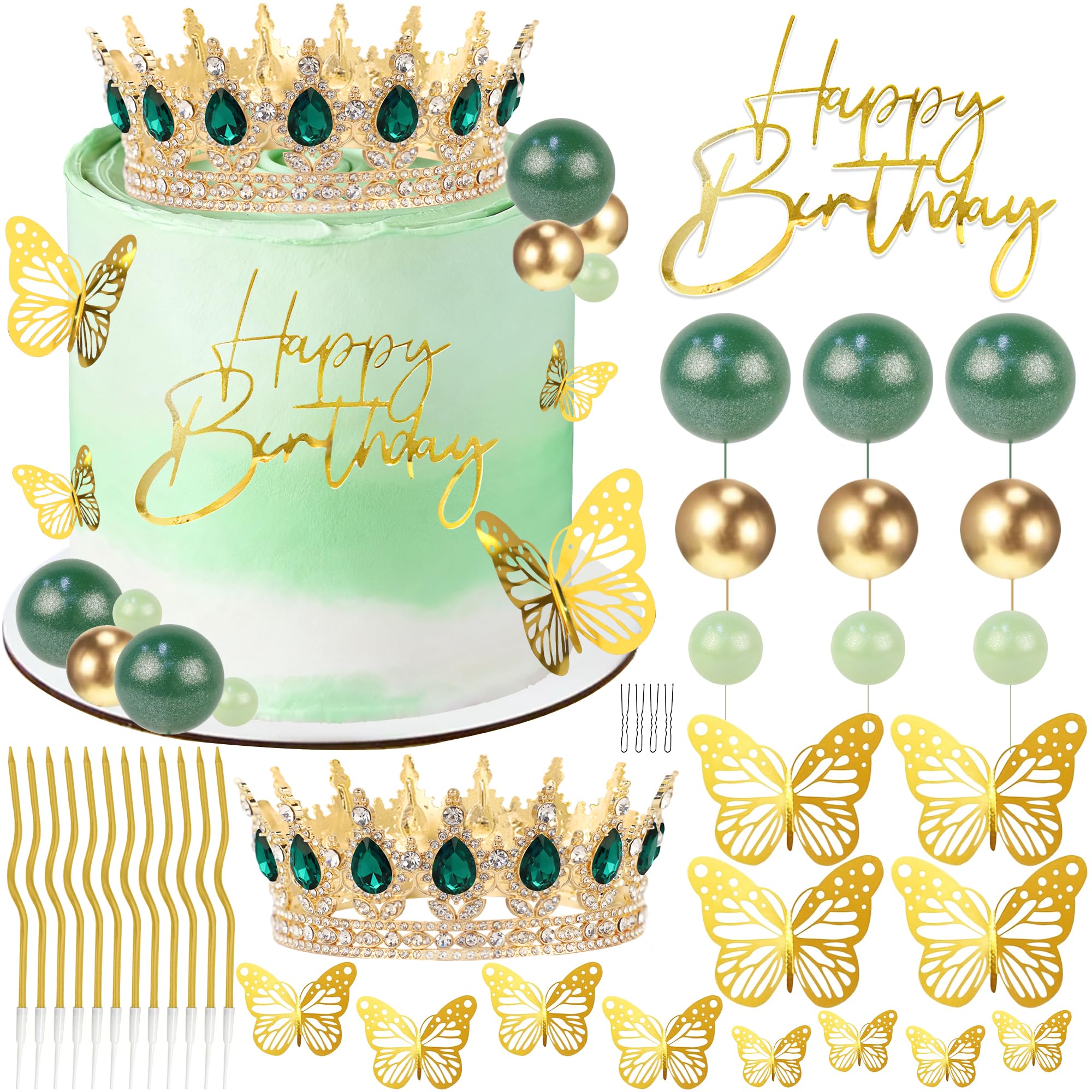 Happy Birthday Crown Cake Topper Candles Butterfly Balls Decoration