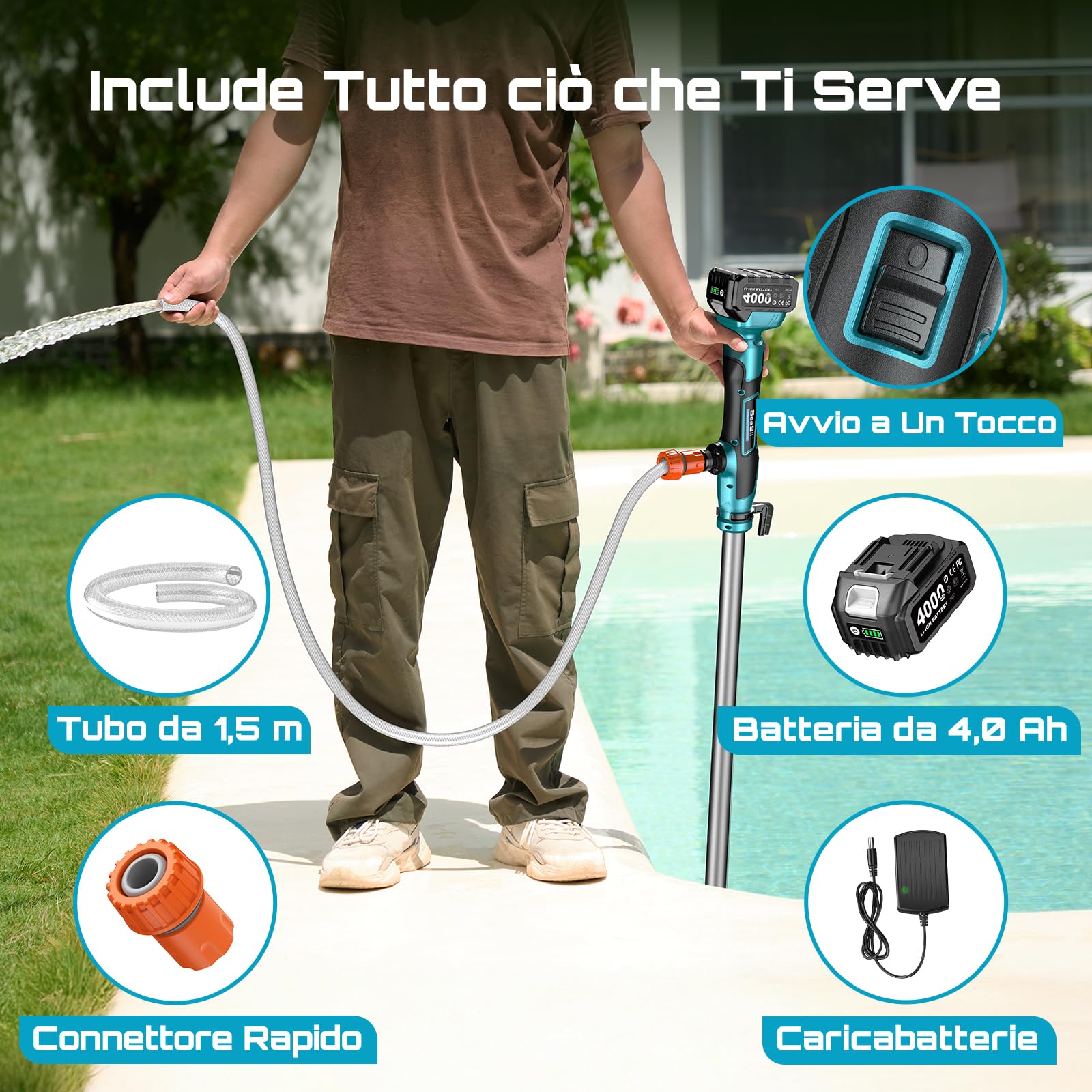 Seesii Pompa per acqua senza fili a bastone, batteria 4000mAh 21V, 720GPH, sollevamento 32 piedi, uscita 3/4". Ideale per drenaggio piscine, giardini, stagni, RV e barche. Leggera e portatile