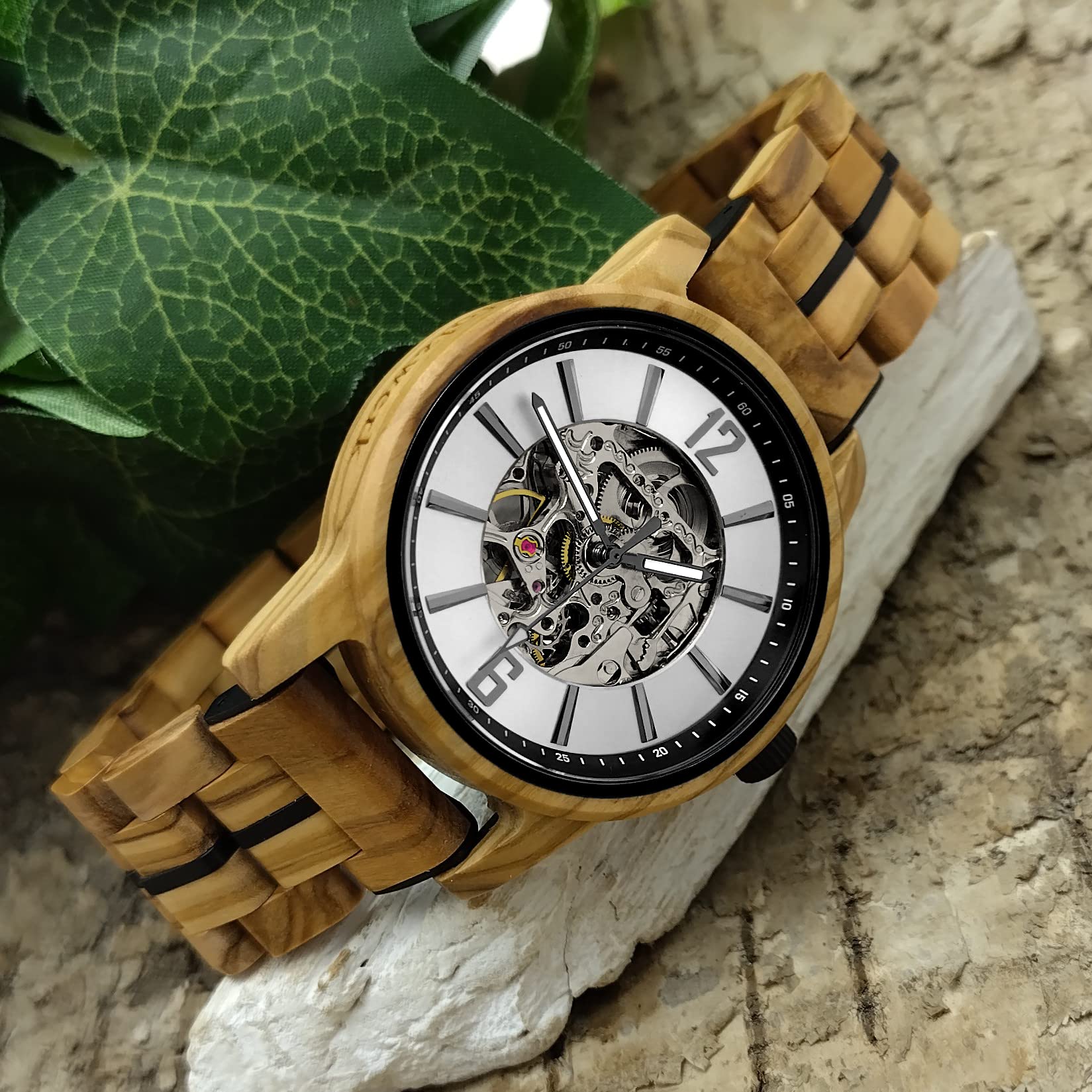 Holzwerk Germany Handgefertigte Automatik Herren-Uhr Öko Natur Holz-Uhr Holz Armband-Uhr Braun Blau Silber Analog