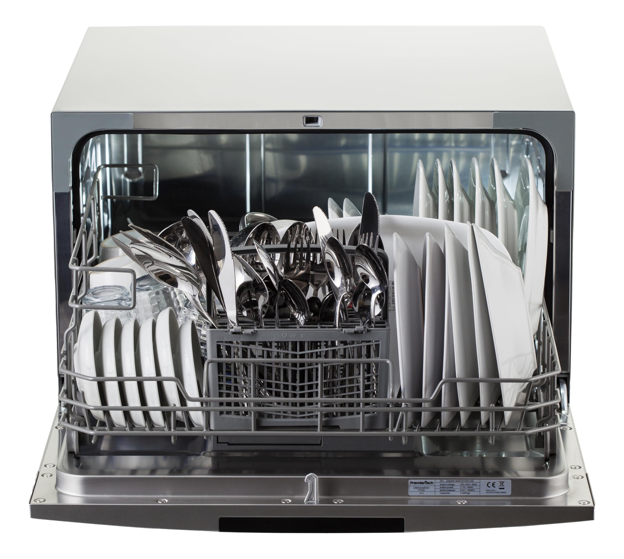 PremierTech Mini Lavastoviglie compatta da tavolo, Lavastoviglie 6 coperti, 8 programmi, Libera Installazione e Incasso, Da Appoggio, Display Led, Silver PTLS6S