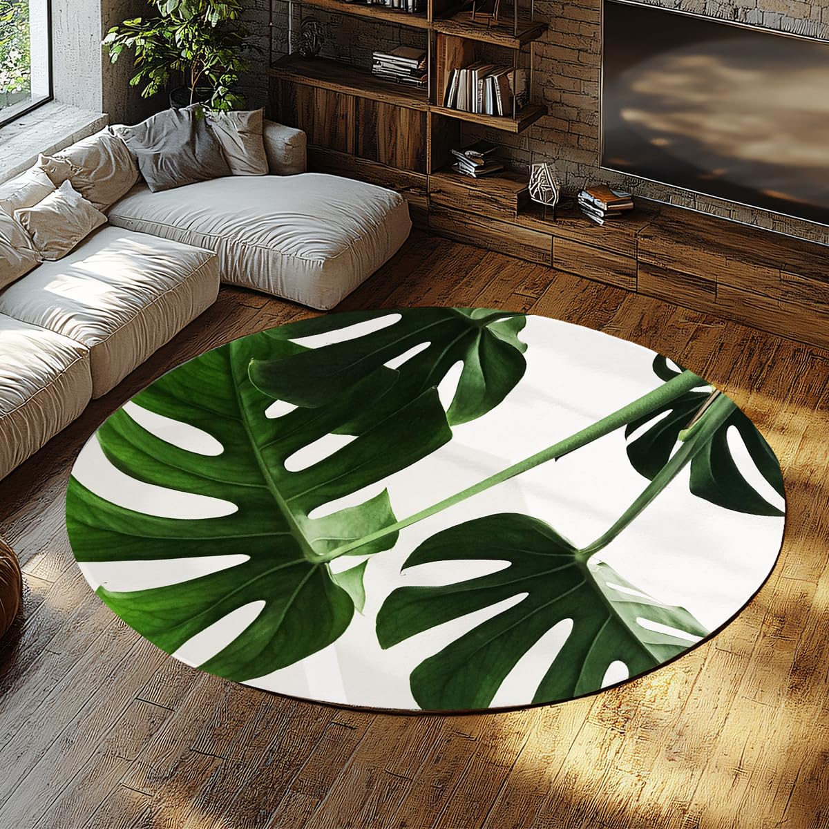 Minimalistische runde Teppiche 120cm - grüner Monstera Blattmuster kreisförmiger Teppich faltbar weich rutschfest für Veranda Gästetoilette Bibliothek Sofa