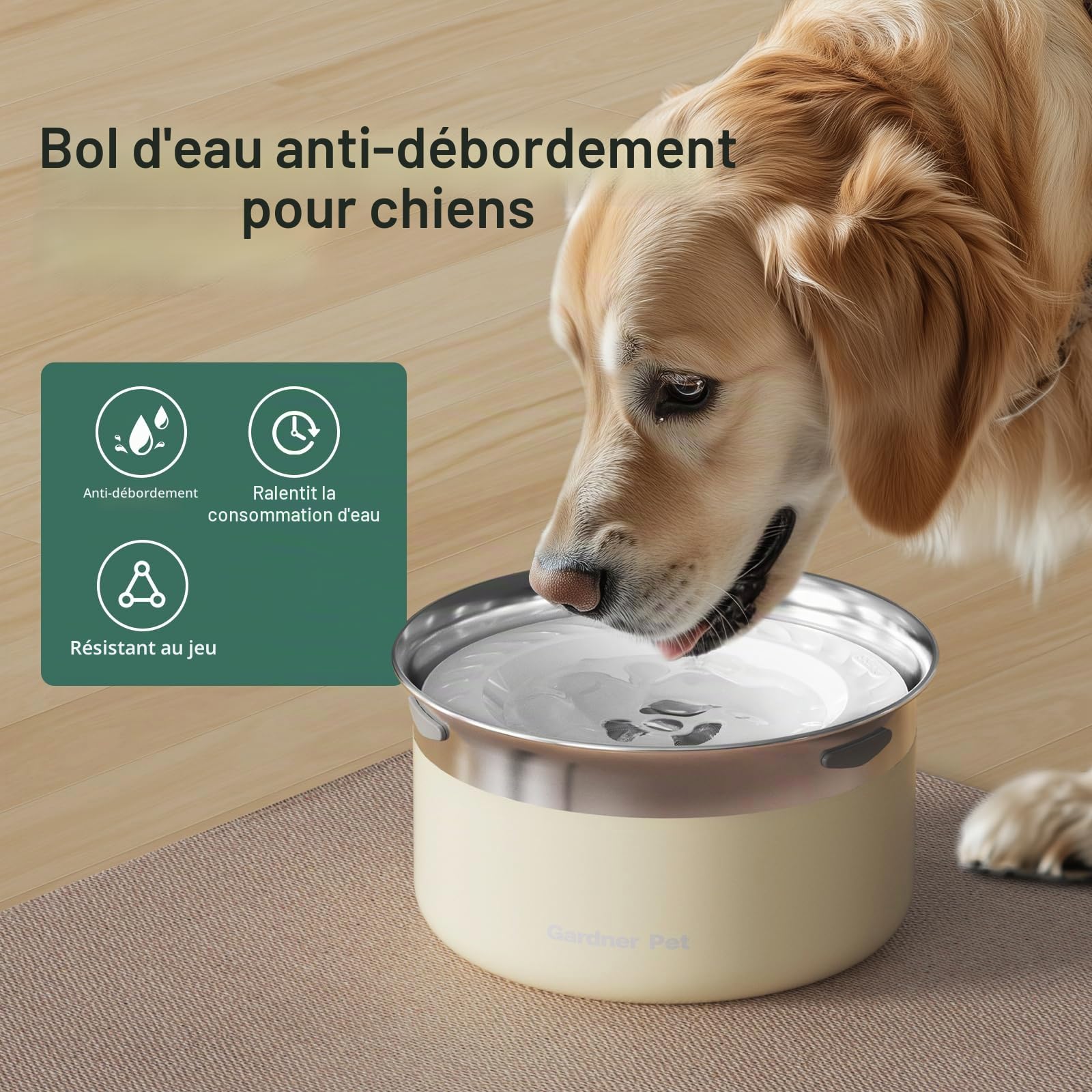 Gardner Pet Gamelle Anti-Éclaboussures pour Chien 3.85L-Gamelle Eau en Acier Inoxydable pour Gros Chien Anti-Étouffement Anti-Renversement-Bol Anti-Goutte avec Flotteur sans BPA -Blanc