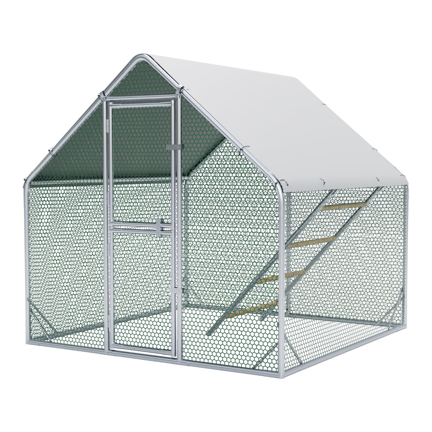 Gallinero grande de metal 2 x 2 x 1,7 m con cubierta de techo, cercado para gallinero para jardín, resistente a la intemperie, para 4 a 6 gallinas, con accesorios y escalera de asiento