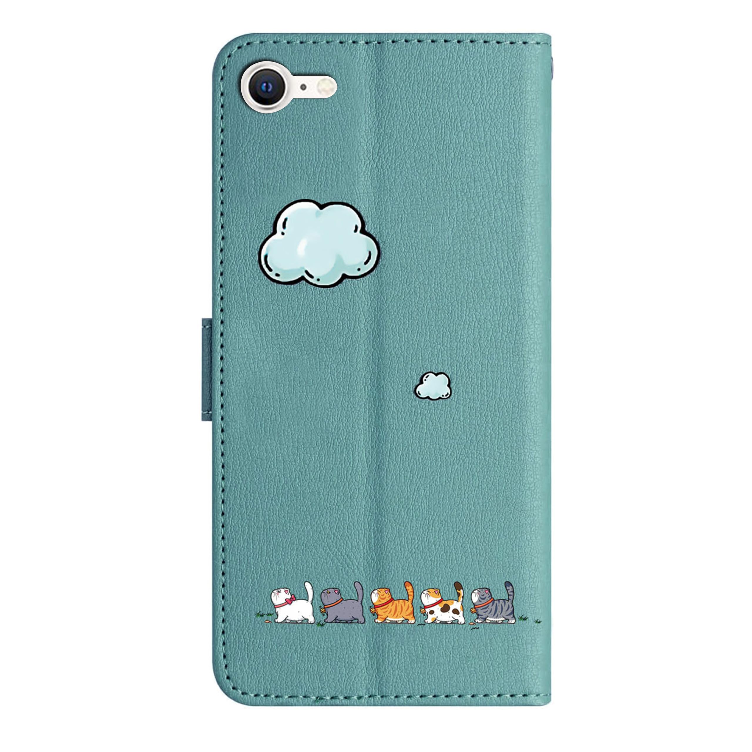 FALUWONRU Case for iPhone 8/7/SE 2022/SE 2020,Colorful Cute Cats Leather Flip Phone Case Wallet Cover with Creative Magnetic Protective Shockproof TPU Shell,Kickstand,Card Slots -Cyan/Green - Image 2