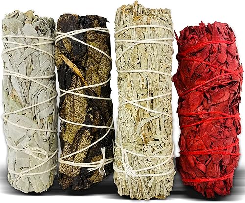 Kit de inicio de salvia de Bholi Sage Plus para la limpieza de energía negativa. Paquete variado de 4 que incluye salvia blanca, negra, azul y roja