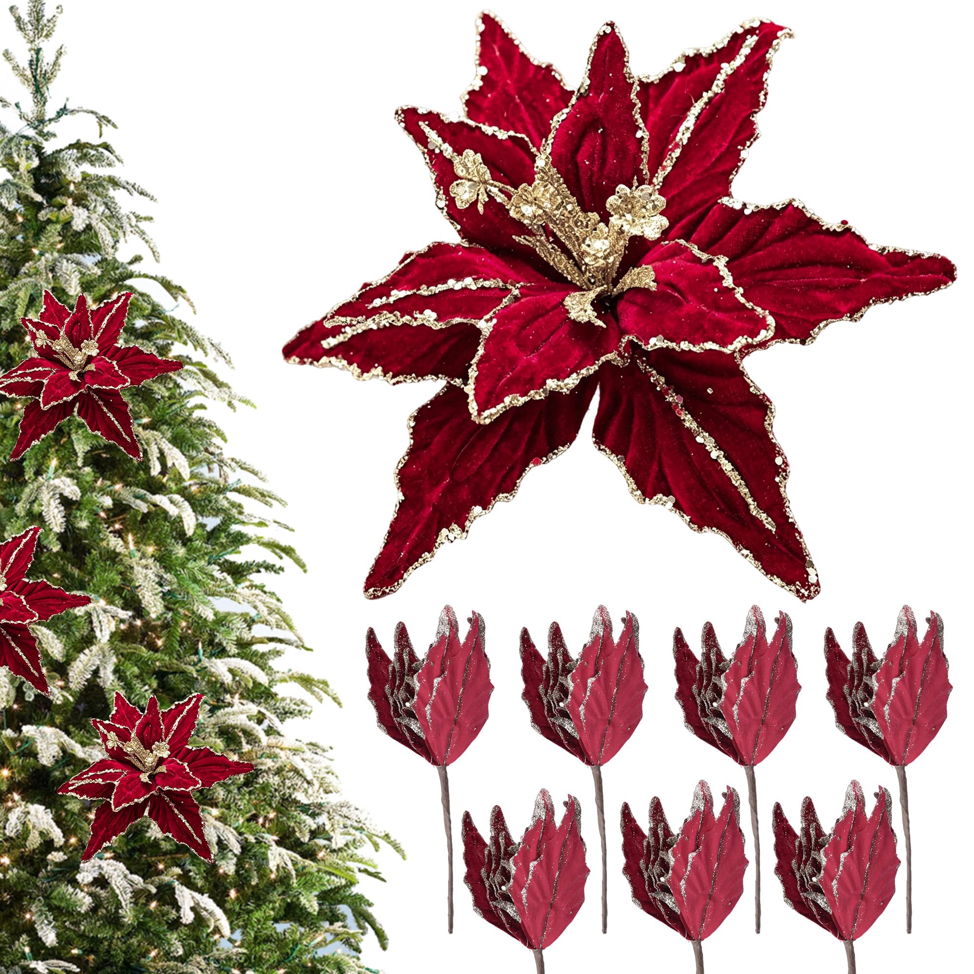 WANDIC 8X künstliche Weihnachtsblumen – Poinsettia 28cm | 8 künstliche Weihnachtsstern-Blumen mit Glitzer (28cm). Ideal als Baumschmuck, Kranzdeko oder Tischdekoration.