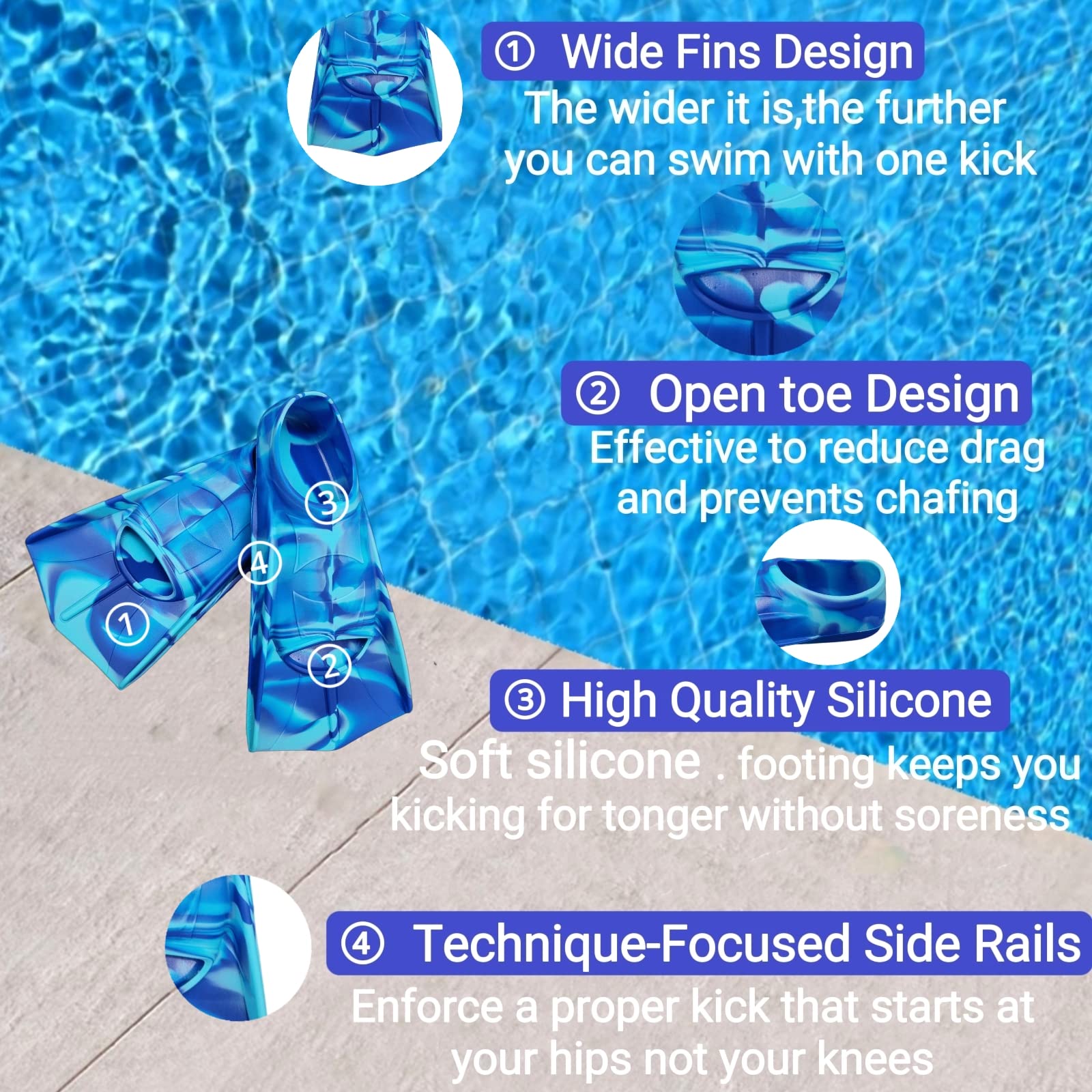 Schwimmtrainingsflossen, Bequeme Silikonflossen zum Schwimmen und Tauchen, Größe geeignet für Kinder, Mädchen, Jungen und Erwachsene