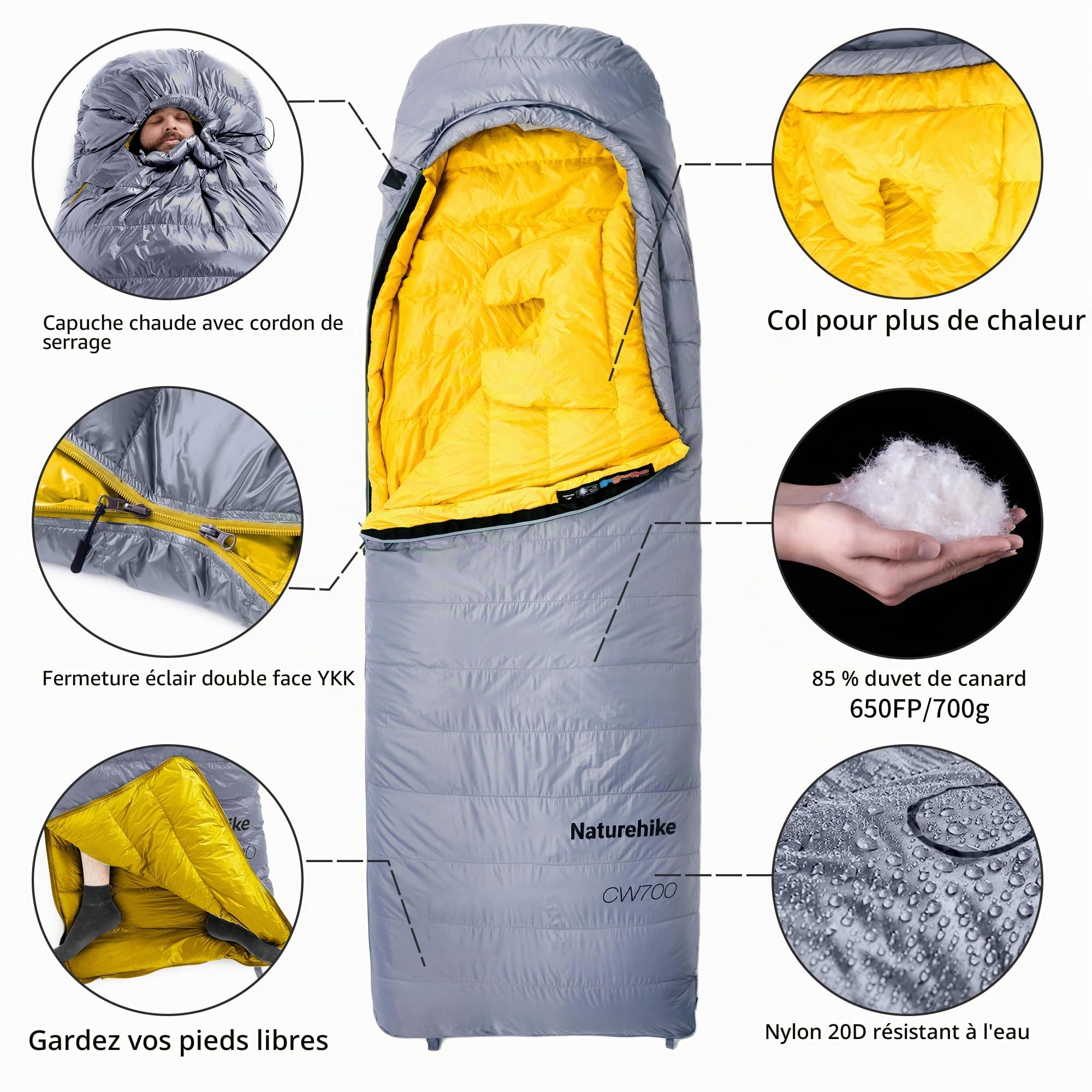 Naturehike CW700 Sac de couchage en duvet ultra léger et portable 4 saisons pour adultes et enfants en plein air camping randonnée voyage avec sac de compression