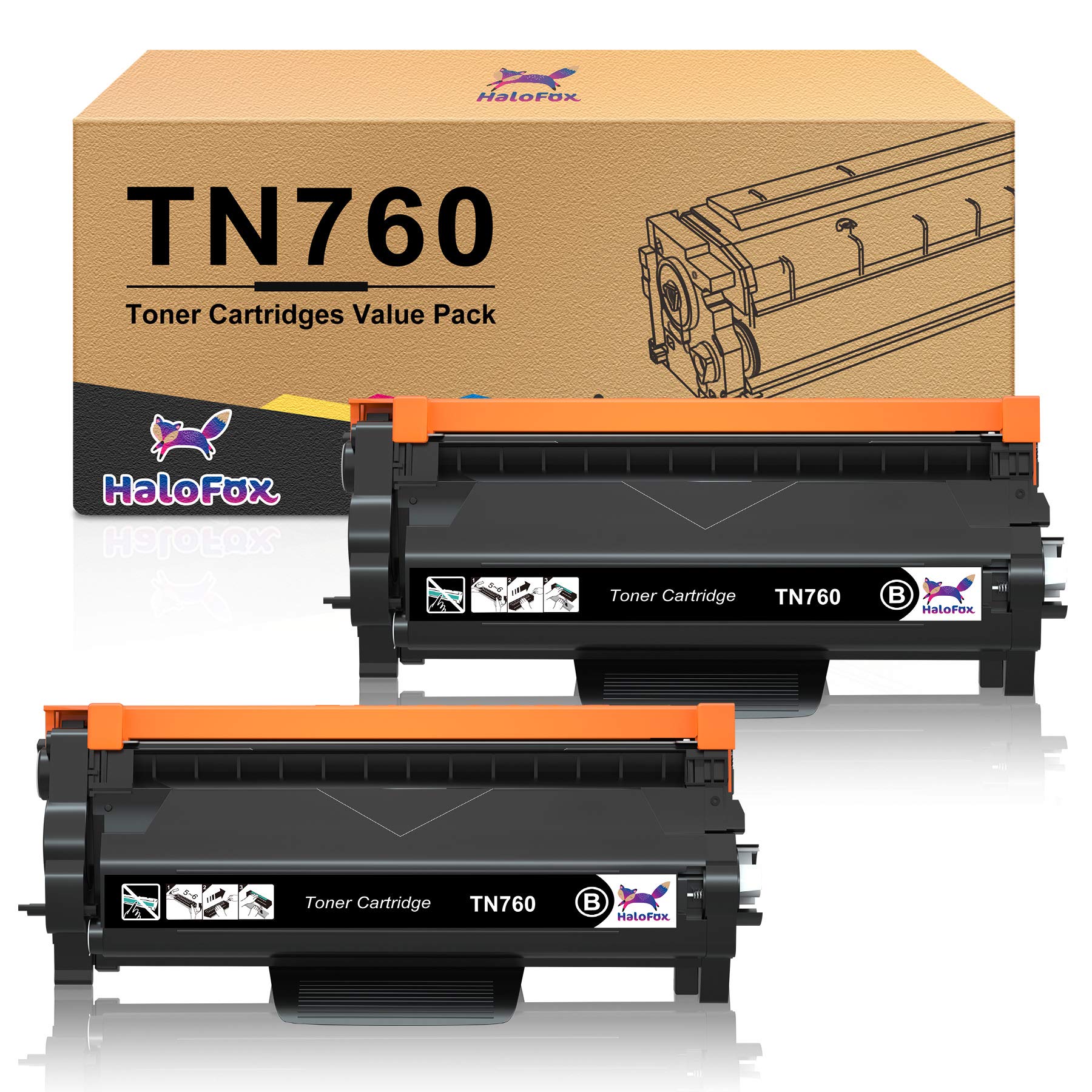 HaloFox Compatible Toner Cartridge Replacement for Brother TN760 TN-760 TN730 for Brother HL-L2350DW HL-L2395DW HL-L2390DW HL-L2370DW HL-L2379DW MFC-L2750DW MFC-L2710DW DCP-L2550DW Printer (2 Black)