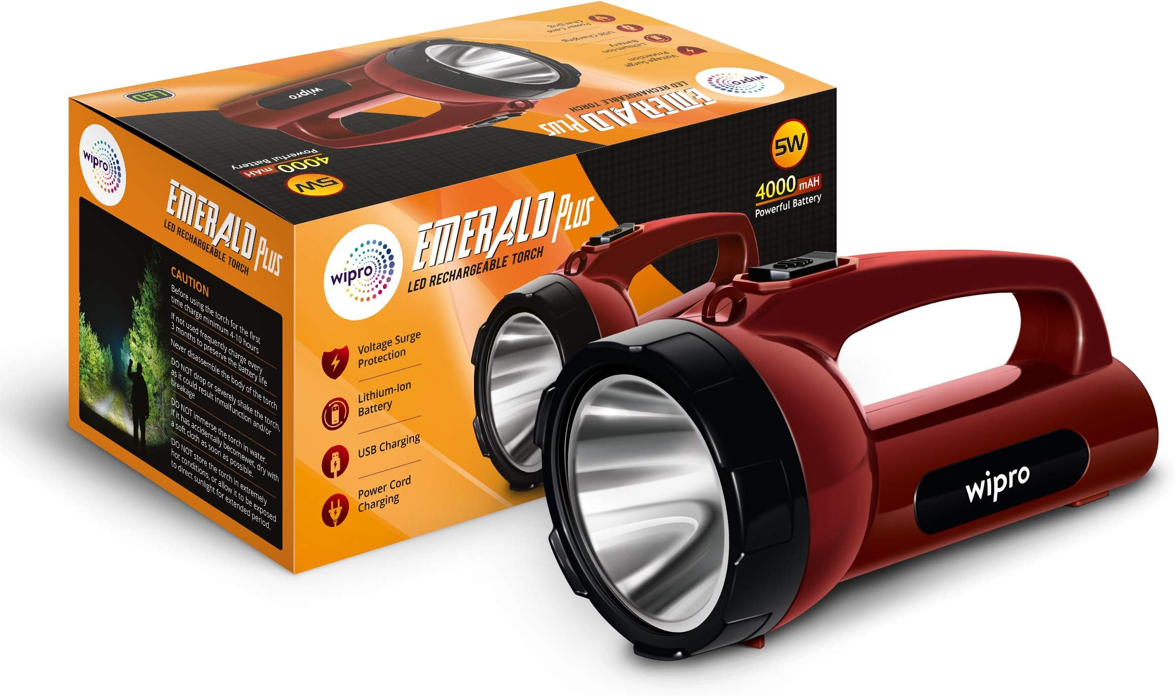 Wipro Emerald Plus Rechargable Torch| 4000 mAh Battery | 16 Hrs Back Up | Bright Output with 5w LED Light | Long Range LED Torch for Outdoor Activities, Home |USB & Power Cord Charging | Pack 1