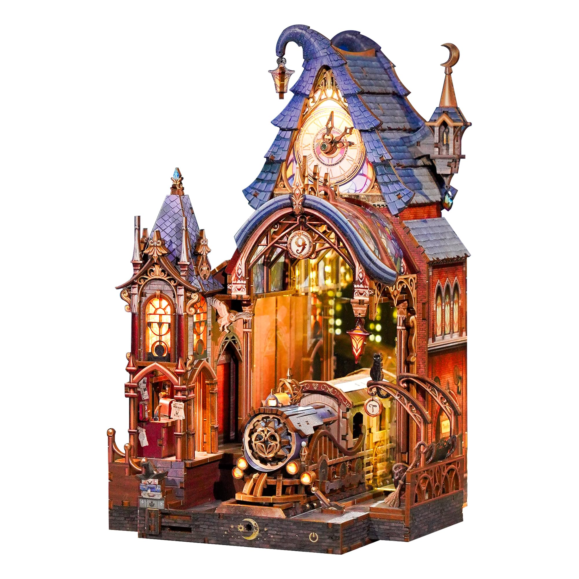 Tonecheer 3D Holzpuzzle Book Nook Kit, LED Zauberwelt Miniatur Bastelset, Interaktives DIY Bücherregal Regaldekor, Gothic Deko Geschenk für Erwachsene und Fans(Magischer Bahnsteig)