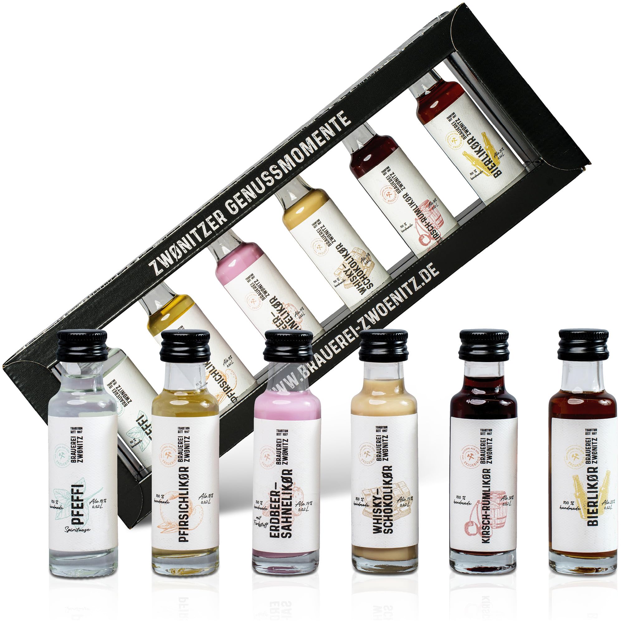 Brauerei Zwönitz Schnaps Set mit 6 Miniatur-Fläschchen à 2cl – Bierlikör, Kirsch-Rum, Whisky-Schokolikör, Erdbeer-Sahnelikör, Pfirsichlikör & Pfefferminzlikör – Spirituosen Geschenkset