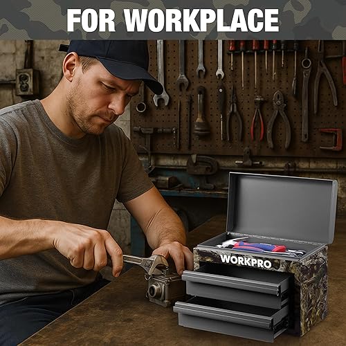 Miniatura 7 de WORKPRO Mini caja de herramientas de metal, caja de herramientas superior que contiene dos cajones con deslizadores de rodamientos de bolas, forros
