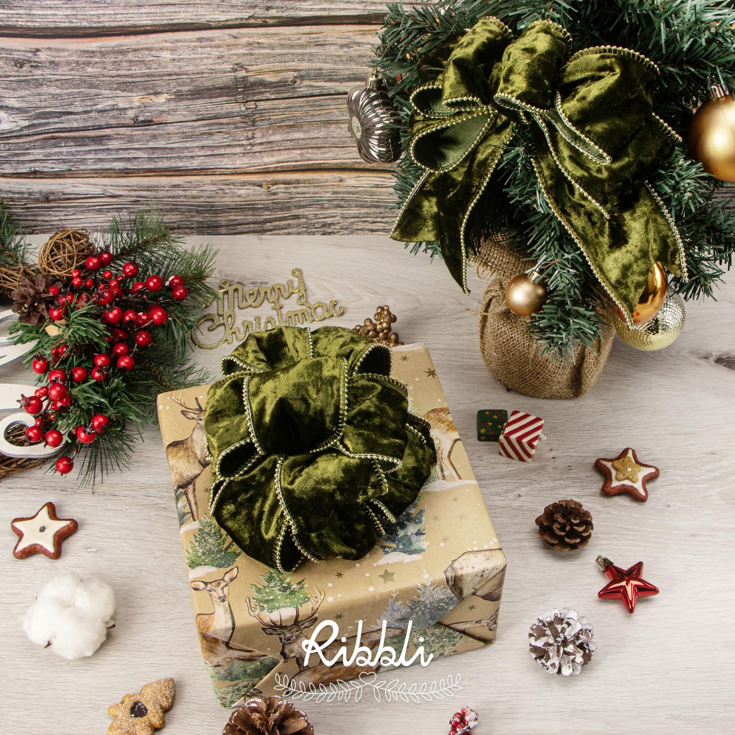 Ribbli Olive Green Crushed Velvet Wired Ribbon with Beaded Pearl Edge, 2-1/2 Inch 10-Yard for Gift Wrapping Christmas Tree Decoration Crafts Wreaths Supplies