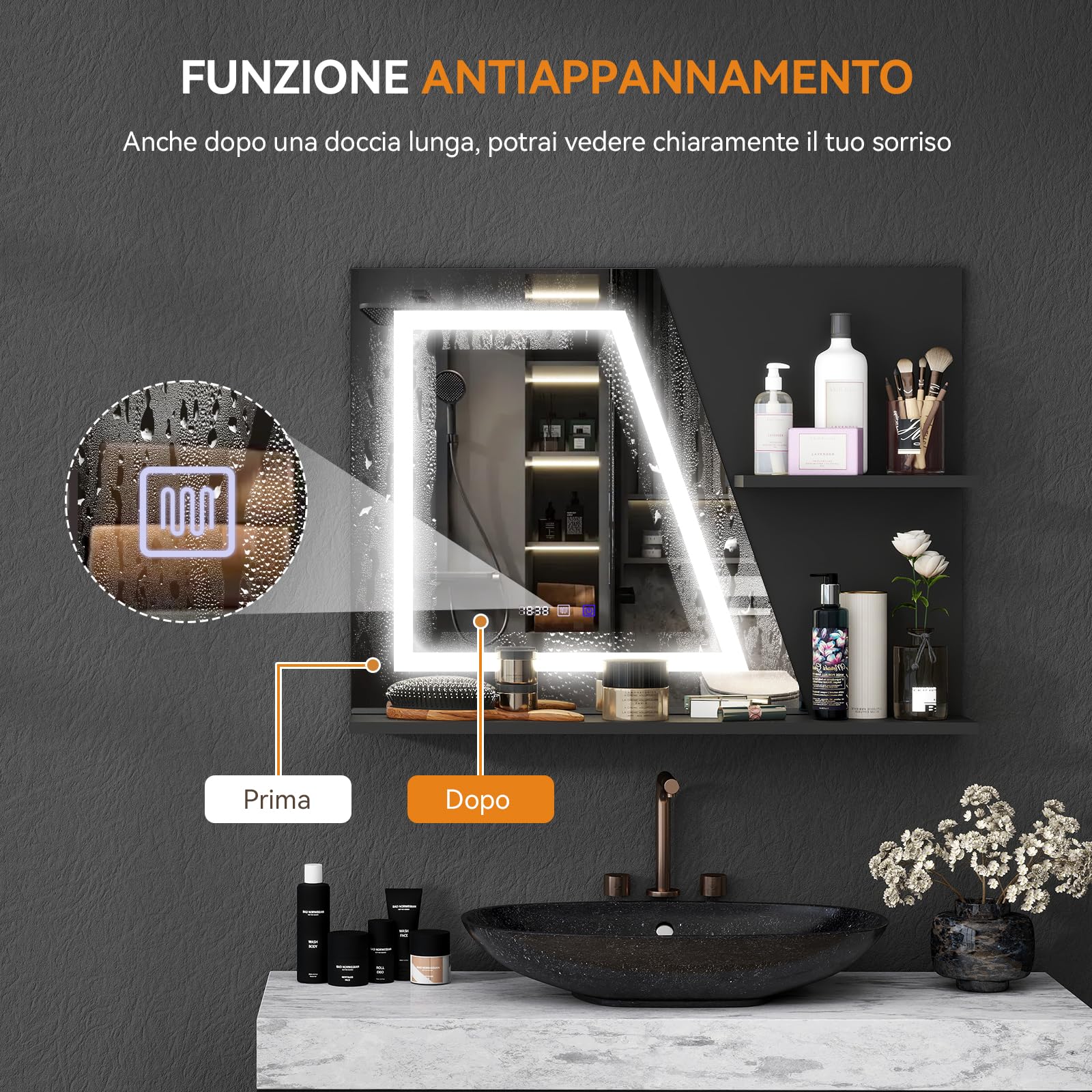 YU YUSING Specchio Bagno LED 80x60 cm con 2 Ripiani, Specchio da Parete con Led, 3 Colori, Luce Regolabili, Contro Touch, Display dell'Ora e Temperatura, Antiappannamento, IP44, Moderno, Nero