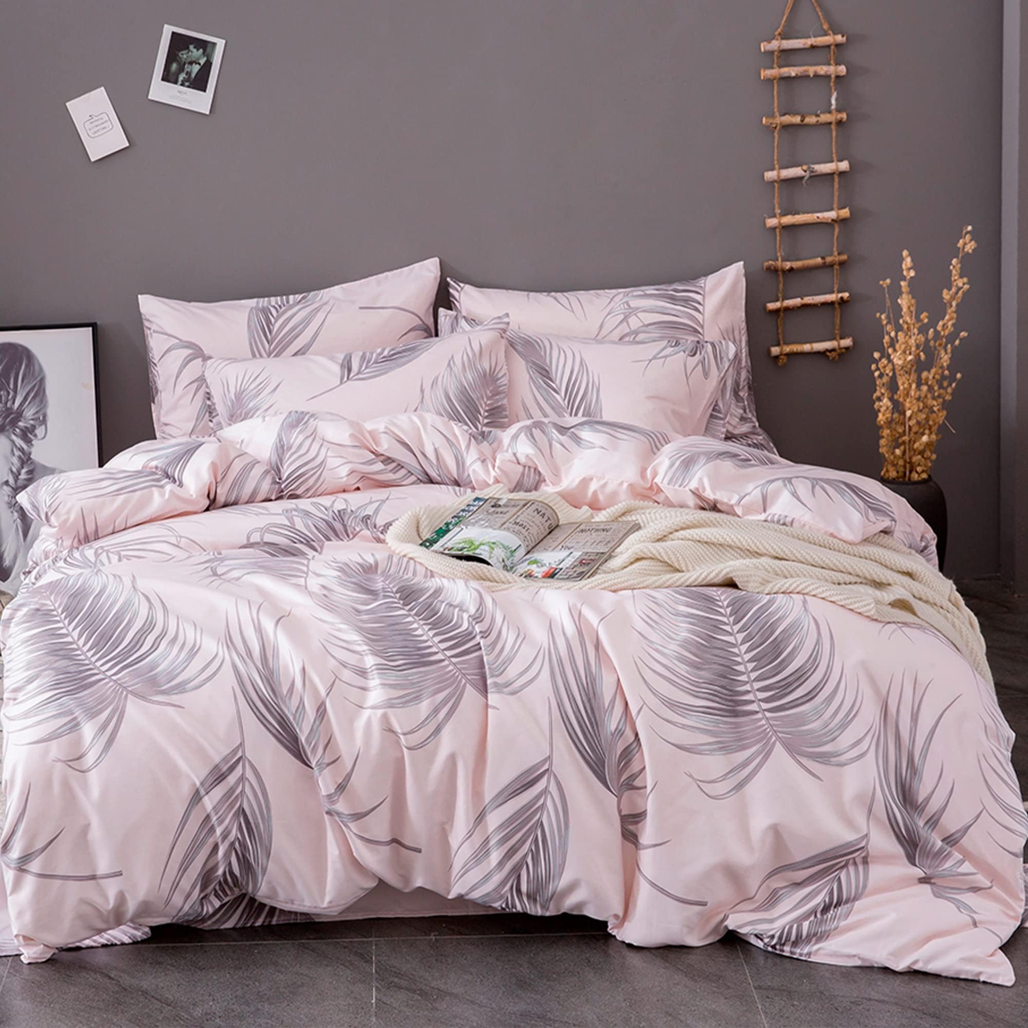 OSVINO Single Duvet Cover Set Pink Reversible Botanical Floral Bedding Set, 2 Pieces Soft Easy Care Microfiber Quilt Cover Bed Set with Pillowcases - 135cm x 200cm