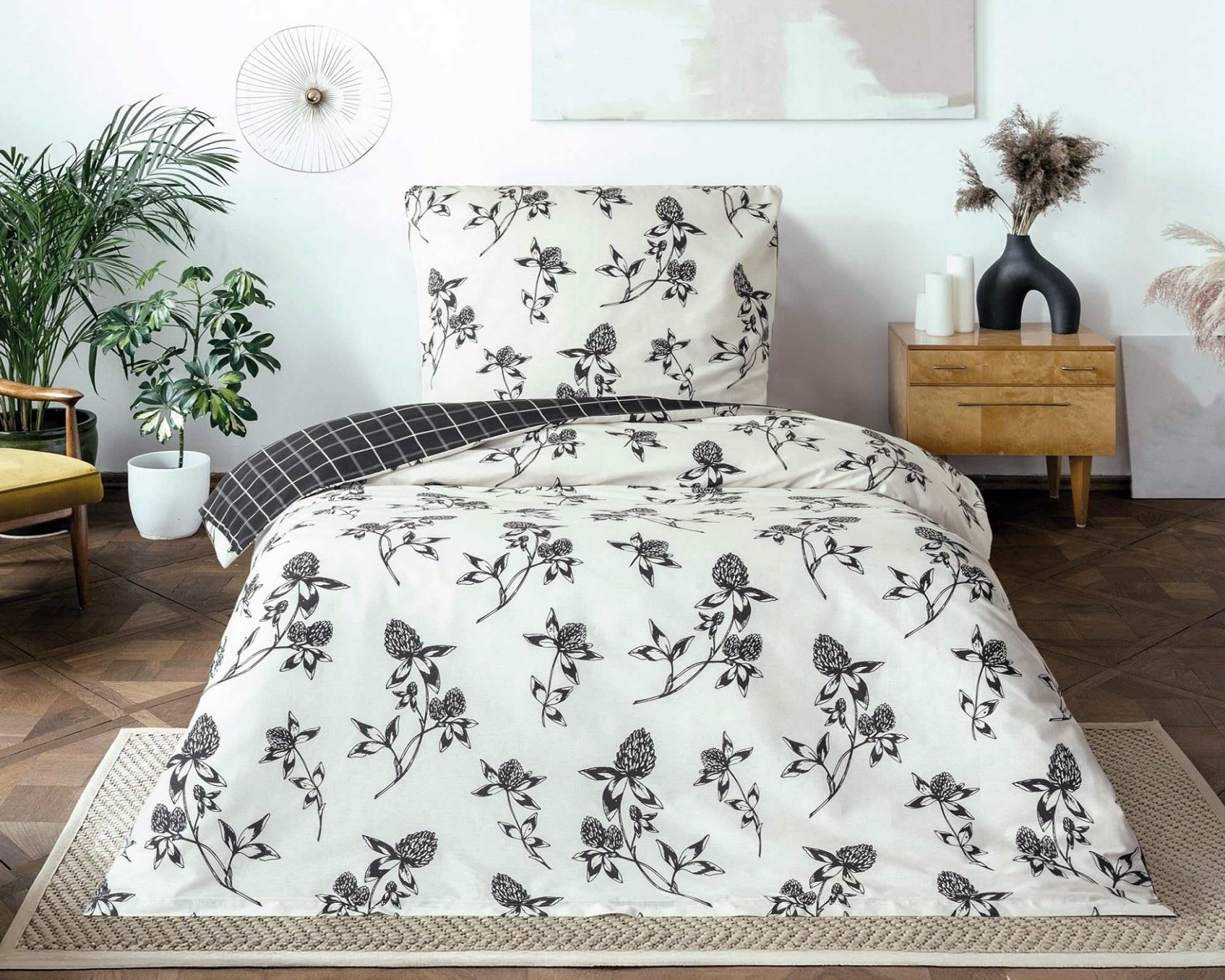 Leonado Vicenti Bettwäsche Set Renforcé Baumwolle 135x200 cm Blumen Design Wendeseite Kariert Grau Schwarz Weiß Weich Atmungsaktiv Reißverschluss