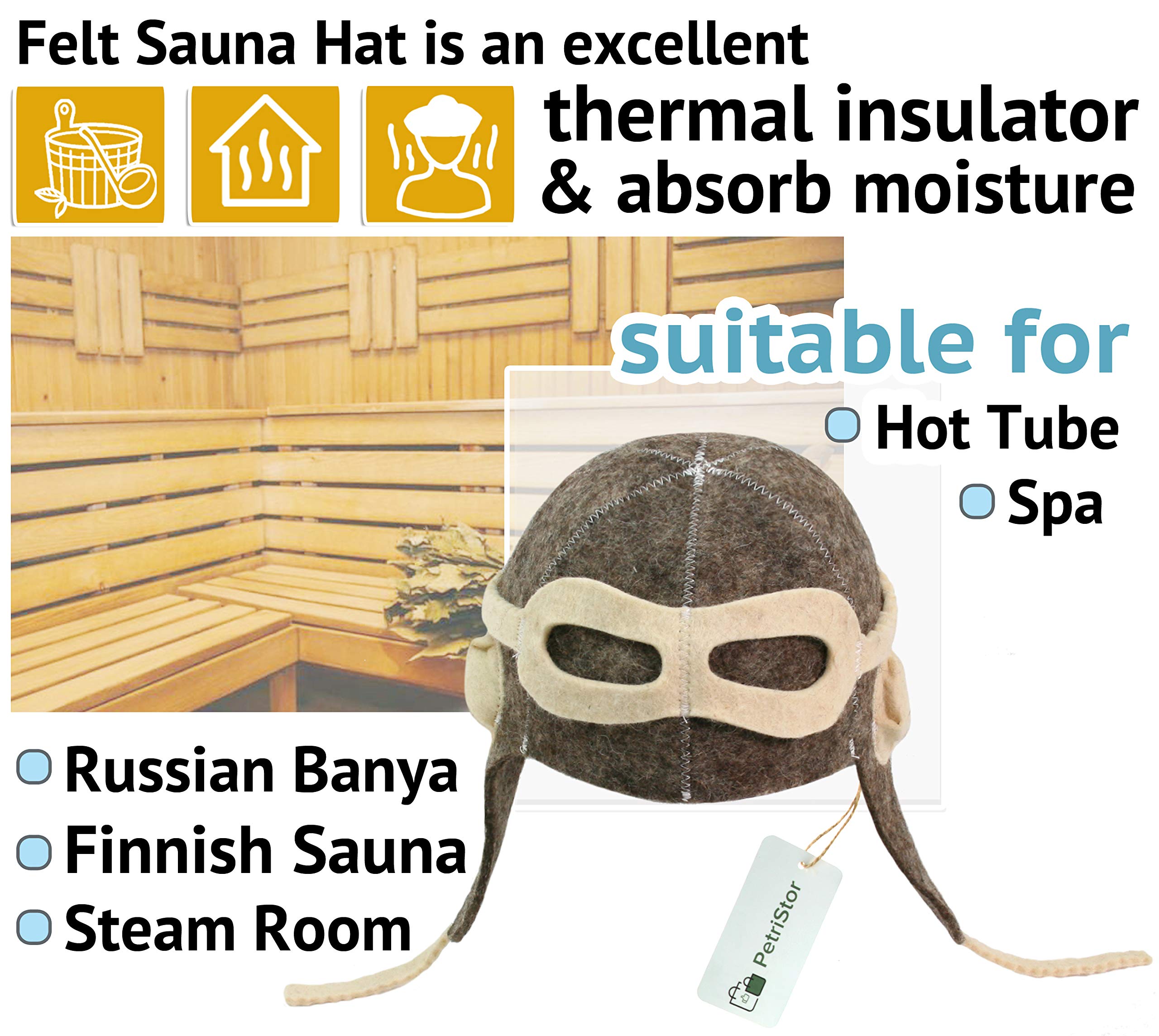 PetriStor Sauna Hat Pilot/Flyer/Airman for Man Natural Felt 100% Natural Made in Ukraine (Gray)