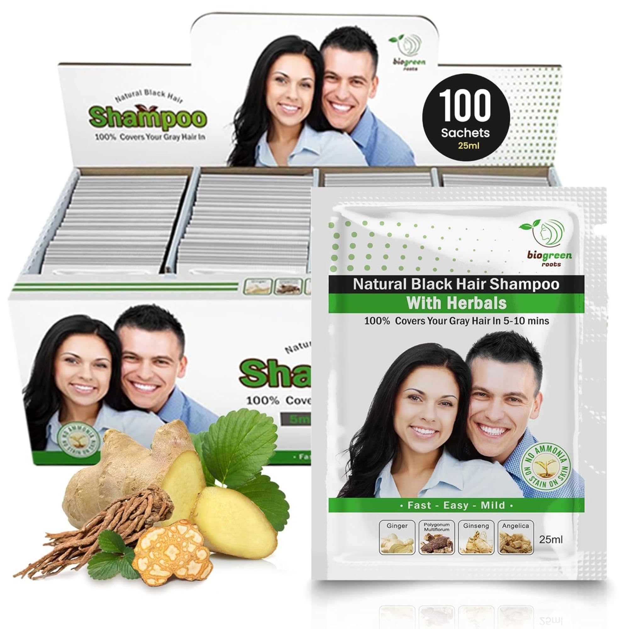 Ammonia-Free & Paraben Free Herbal Hair Shampoo - Hair Dye Shampoo for Women & Men - Natural Color & Herbal Nourishment - No Stain on Skin - Natural Black (100 sachets x 25 ml)