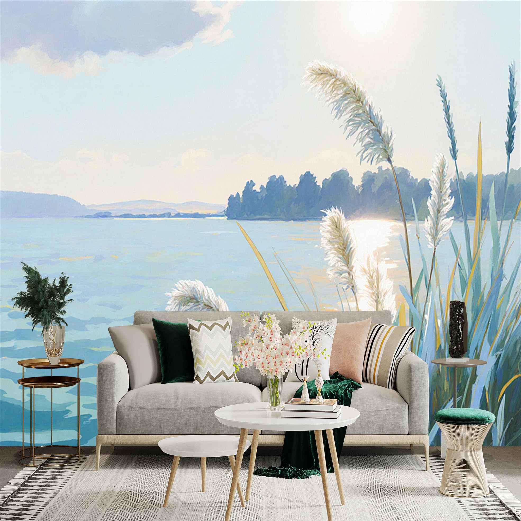 Custom Size Wall Sticker Mural， Scenic Lakeside View with Soft Plumed Plants， Sunlight Reflecting on Water， Serene Nature Landscape， for wall Decoration， peelandstick wall Decals.