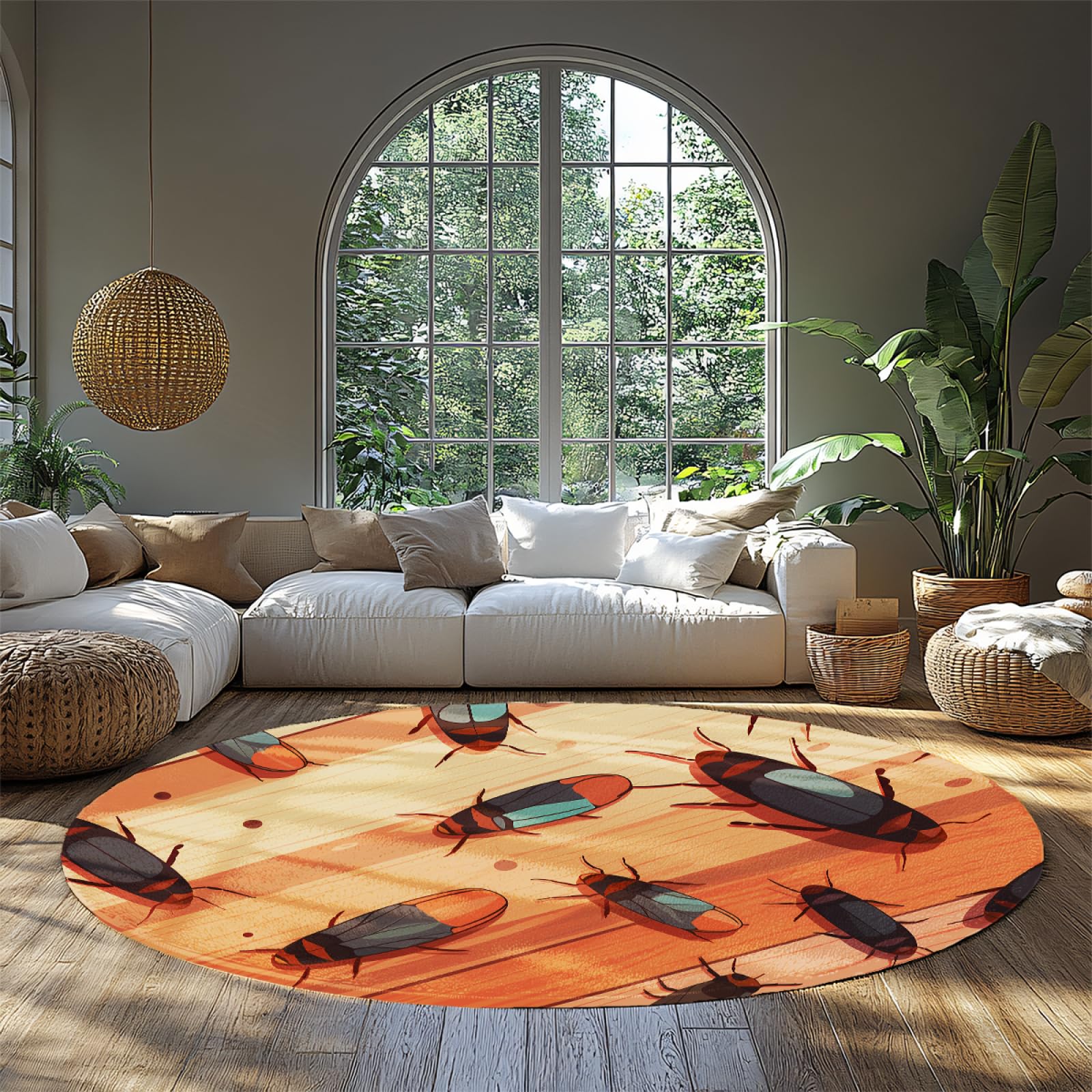 Tapis orange rond boho pour salle à manger et salon avec motif insecte art