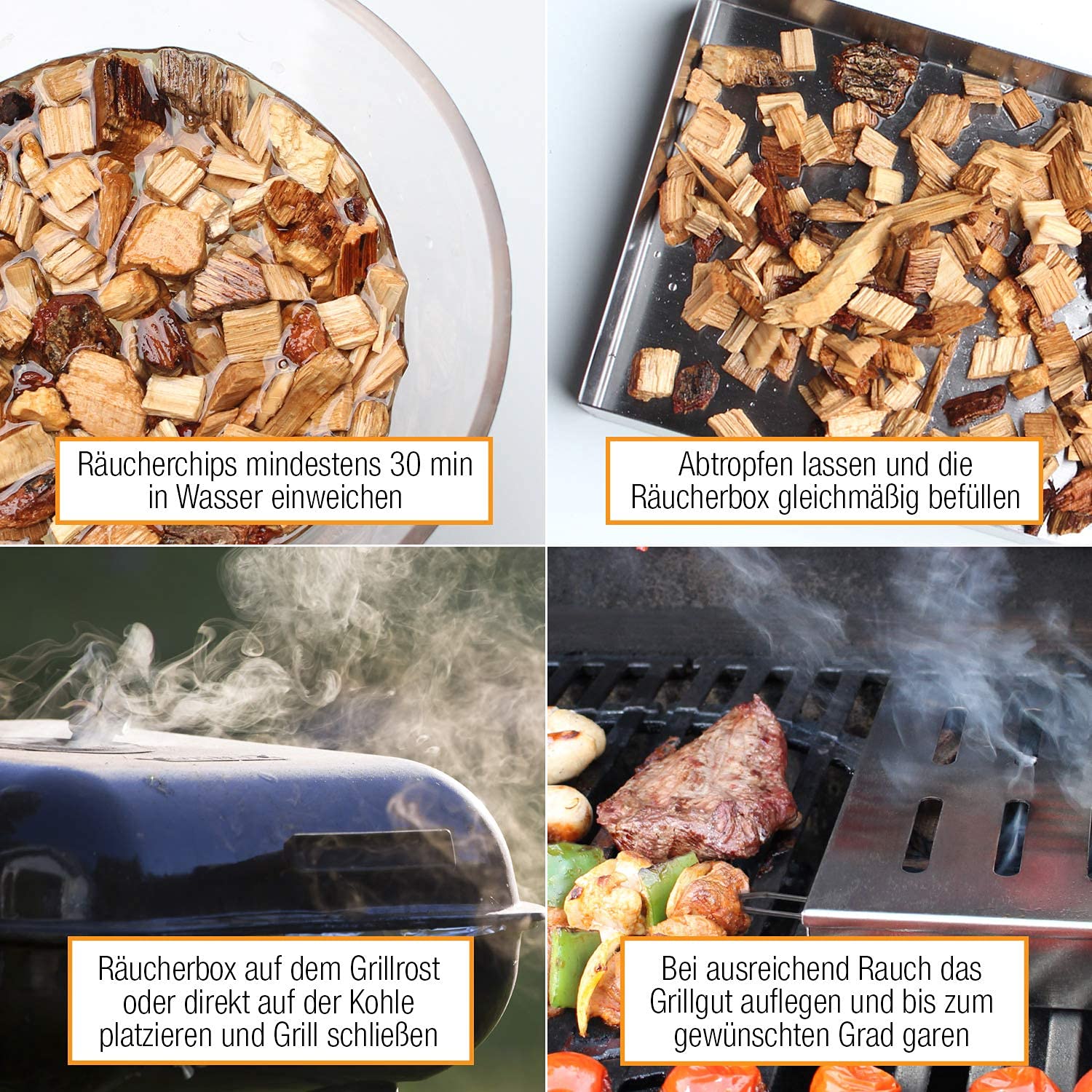 AMAZY Affumicatore Box in Acciaio Inox con 2 spiedini per Grill e 2 Tipi di Chips Diverse - Affumicatore Barbecue Offre al Pesce o alla Bistecca Il Tradizionale Sapore del Barbecue Americano