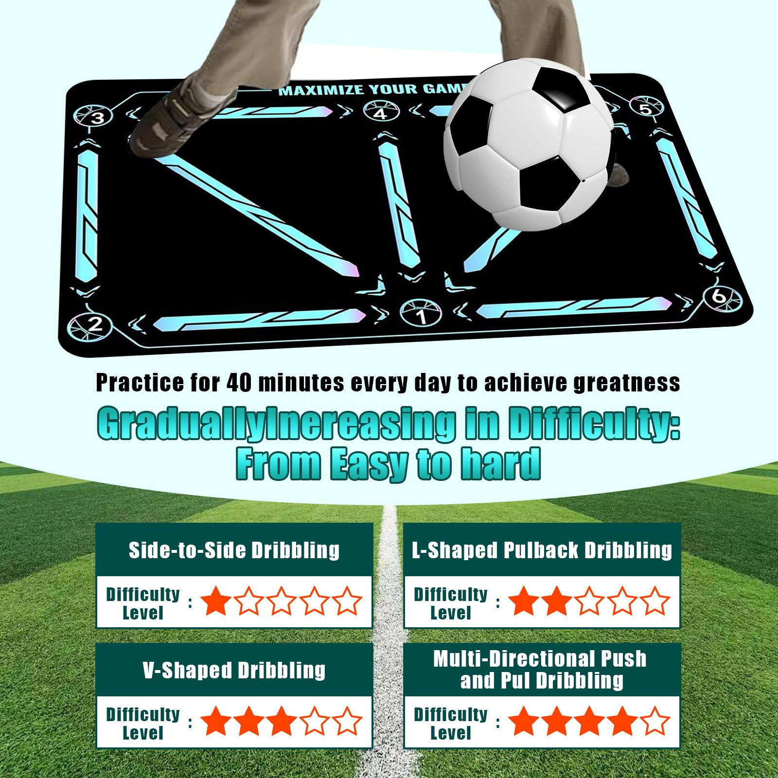 Fußballmatte Trainingsmatte Fussball Trainings set mit Fußball Trainingsset Schritt Trainingsmattem rutschfeste Fußball Schritt Trainingsmatte 60x90 cm Stoßdämpfende Fussball
