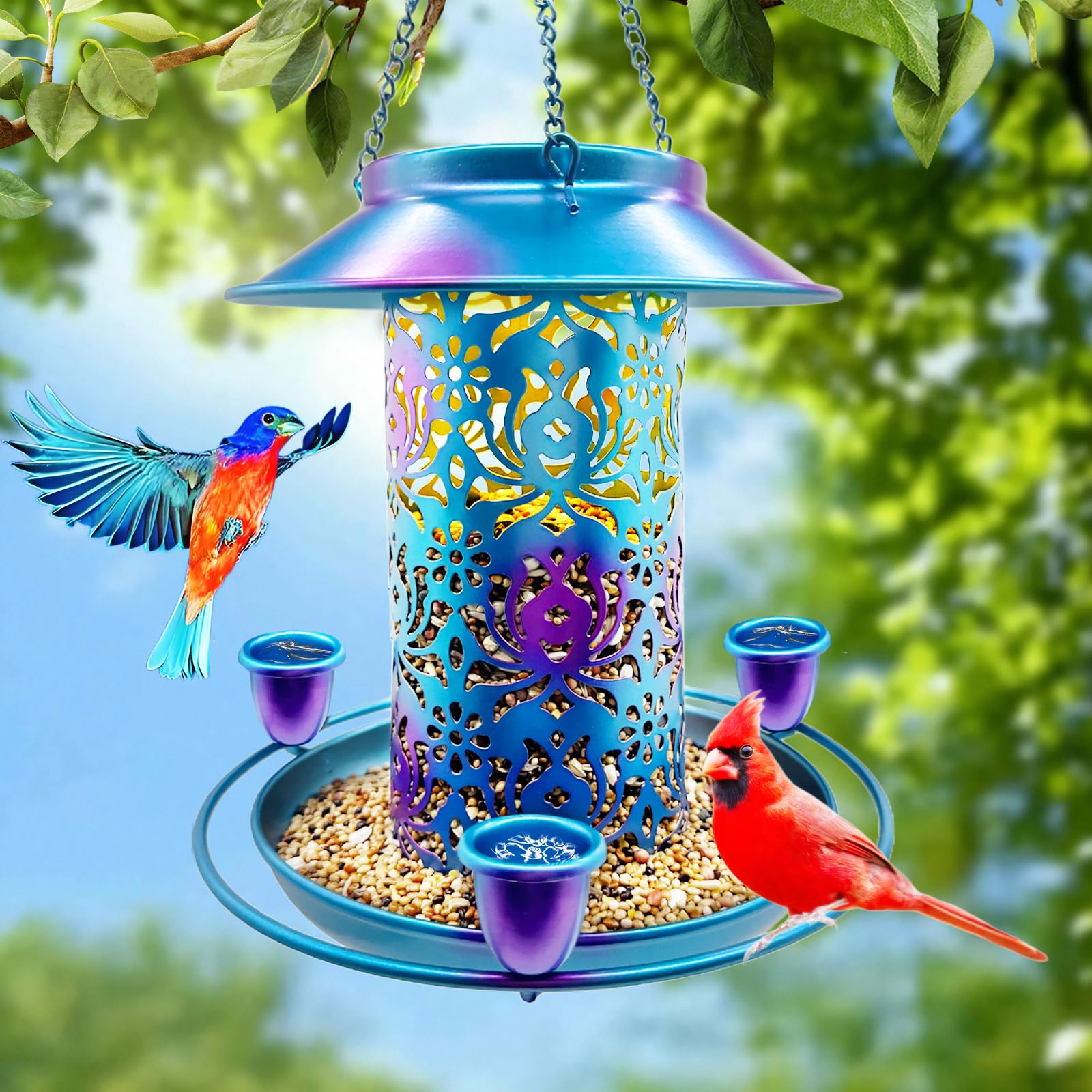Comedero solar para pájaros para exteriores, 3 tazas de néctar para colibríes, de metal, resistente a la intemperie, linterna de jardín 2 en 1, luz automática por la noche, perfecto para
