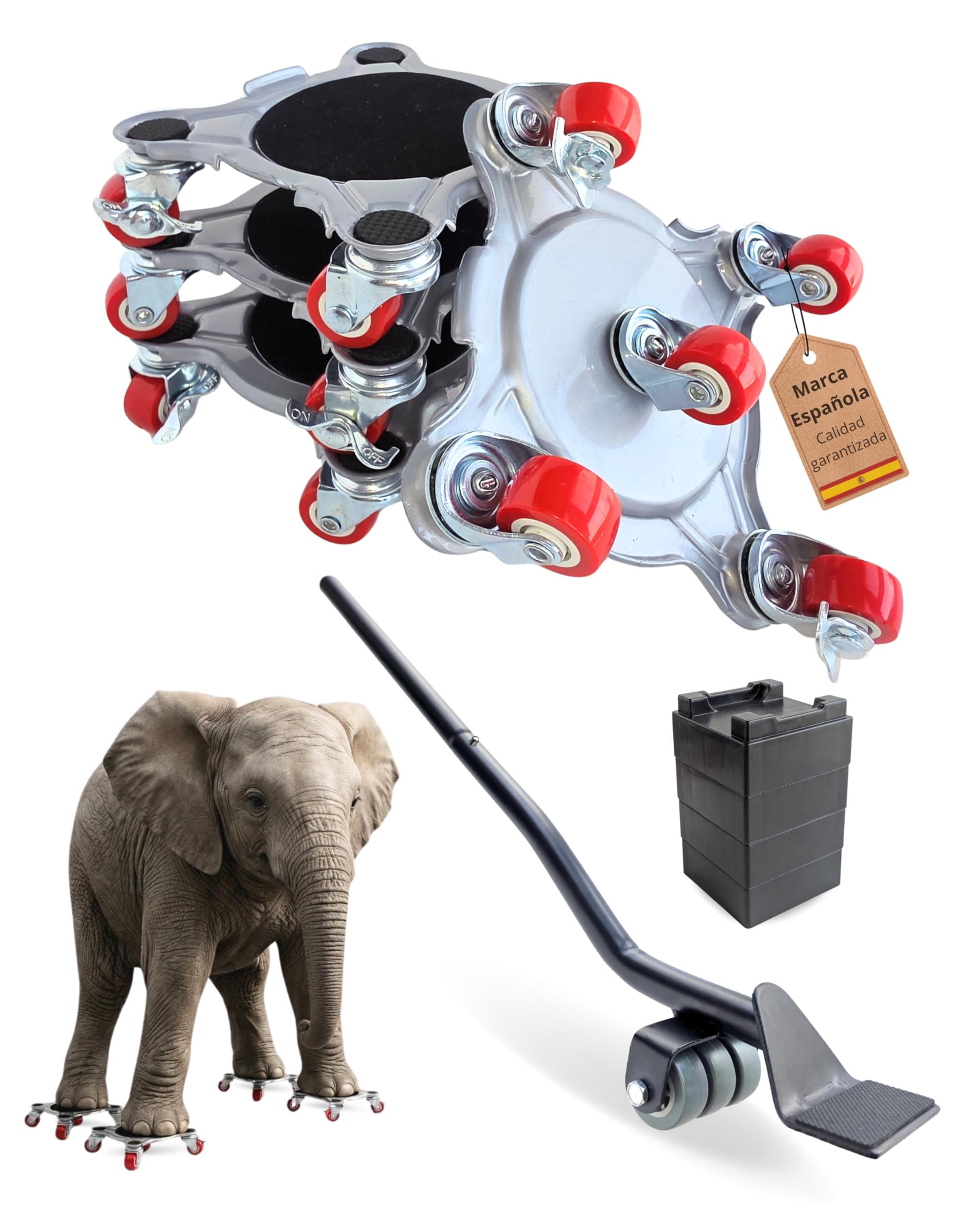 Kit para Mover Muebles Pesados | 4 Plataformas Acero Reforzado con 5 Ruedas 360° y 2 Frenos | Palanca Elevadora Extensible | hasta 800 kg | Protege Parquet y Suelo