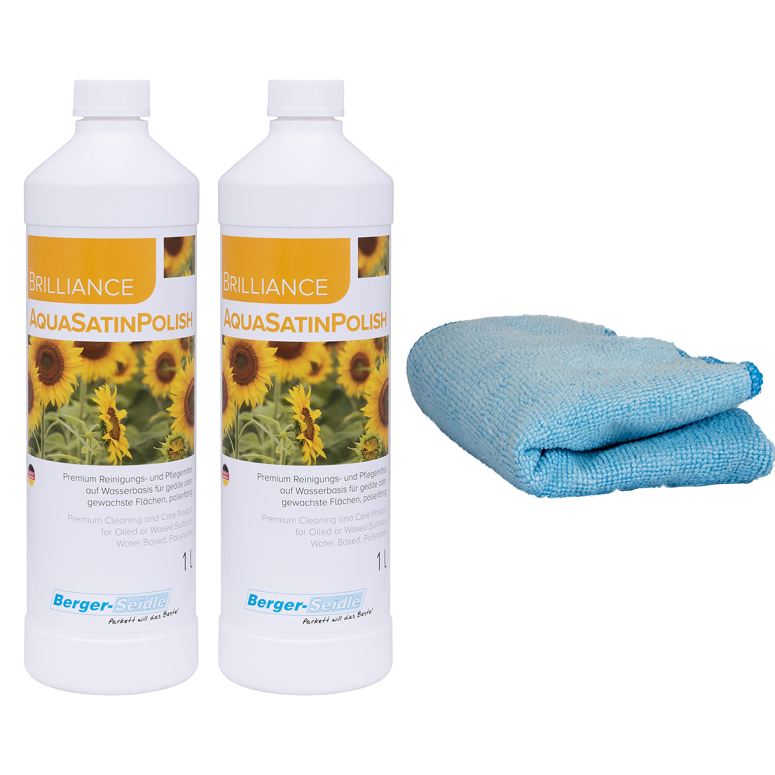 2 x 1 litro de seda Berger | Set de cuidado de Aqua-Satin Polish | Producto de limpieza y cuidado para suelos de madera aceitados y encerados | + paño de limpieza de alta calidad