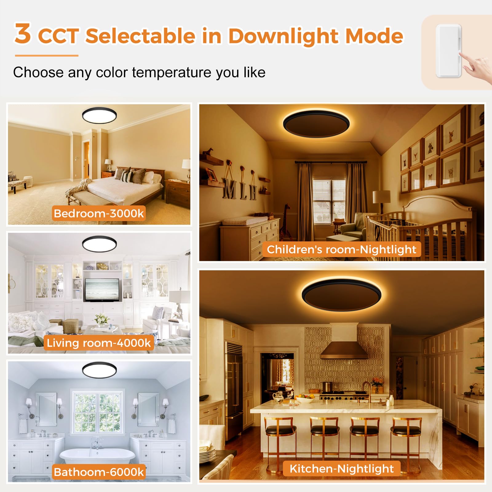 slochi LED Deckenleuchte, 24W Deckenlampe Flach Dimmbar mit Fernbedienung, 1800K Nachtlicht Warm, 3000K-6500K, Ultra Dünn Schlafzimmer Lampe für Schlafzimme Wohnzimmer Kinderzimmer-Rund Schwarz