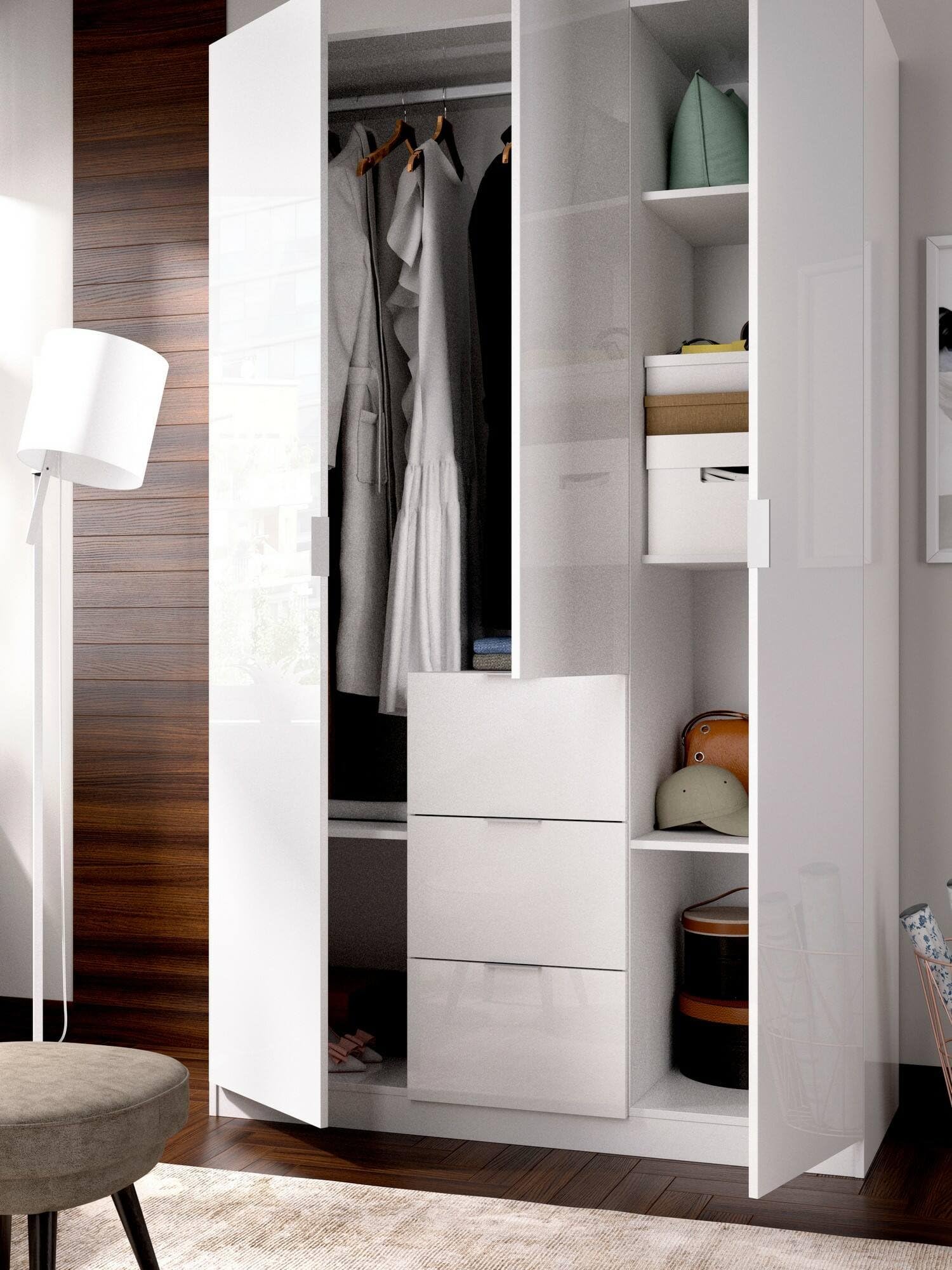 Dmora Guardaroba Falterona Armadio 3 ante battenti 3 cassetti 135x52h204 cm Bianco