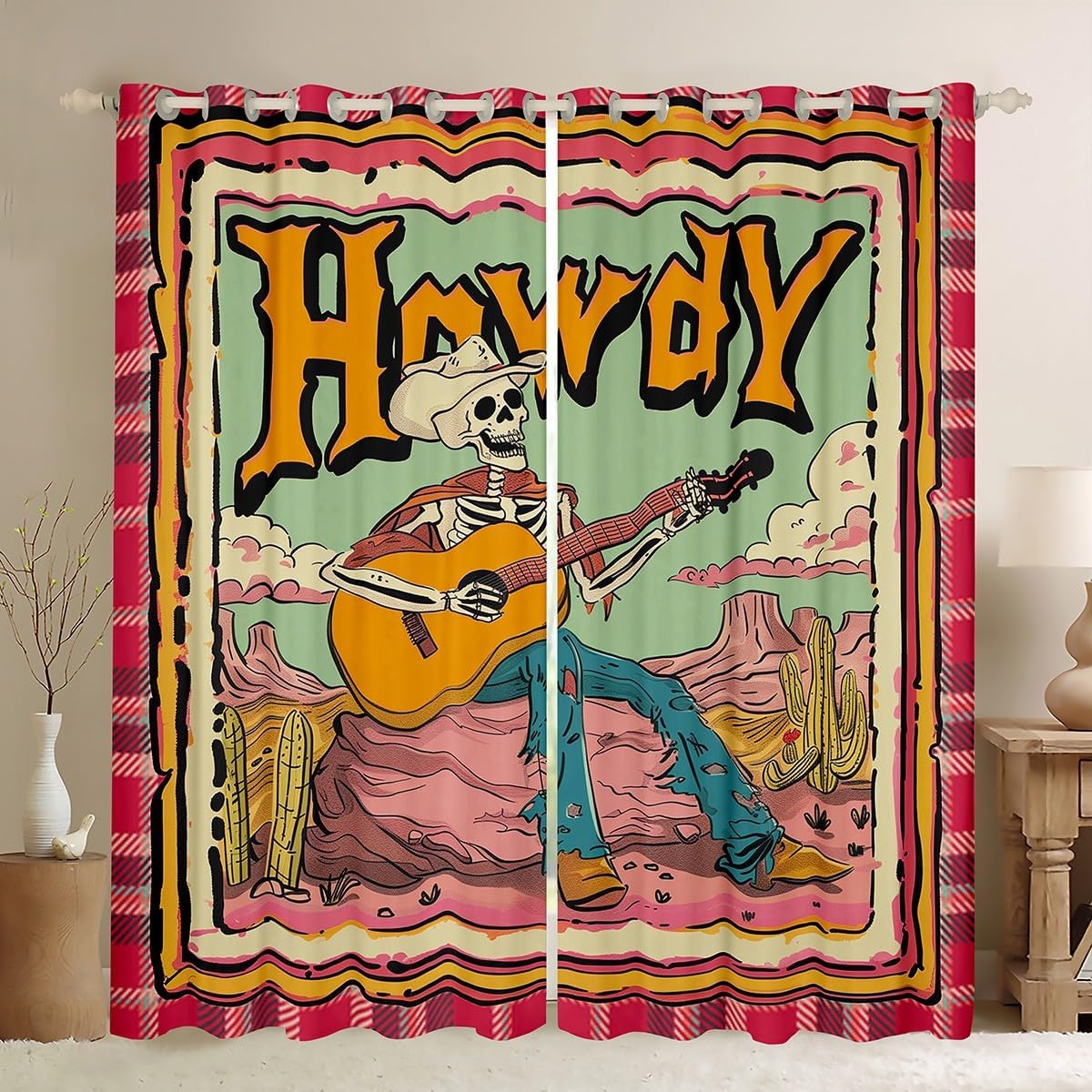 Manfei Western Blackout Curtain Skeleton Playing Guitar Window Drapes for Kids Boy Room Decor, Wild West Desert Cactus Window Treatments, Grommet Top 2 Panel Set Bedroom Curtains, 42Wx90L inch