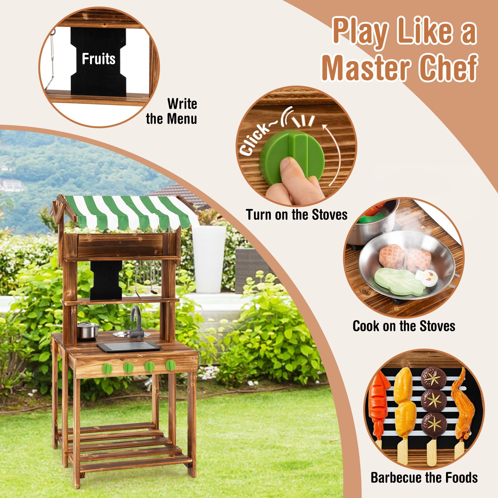 GOPLUS Matschküche für Kinder Outdoor, Kinderküche doppelseitig aus Holz, Spielküche mit Sonnendach, Tafel, Spüle und Wasserhahn & Zubehör, für Jungen und Mädchen ab 3 Jahren