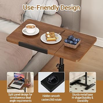 Overbed Bedside Table with Wheels, Tiltable Hospital Bed Table Over The Bed, Pneumatic Adjustable Rolling Laptop Desk, Mobile Standing Desk for Hospital and Home Use Walnut